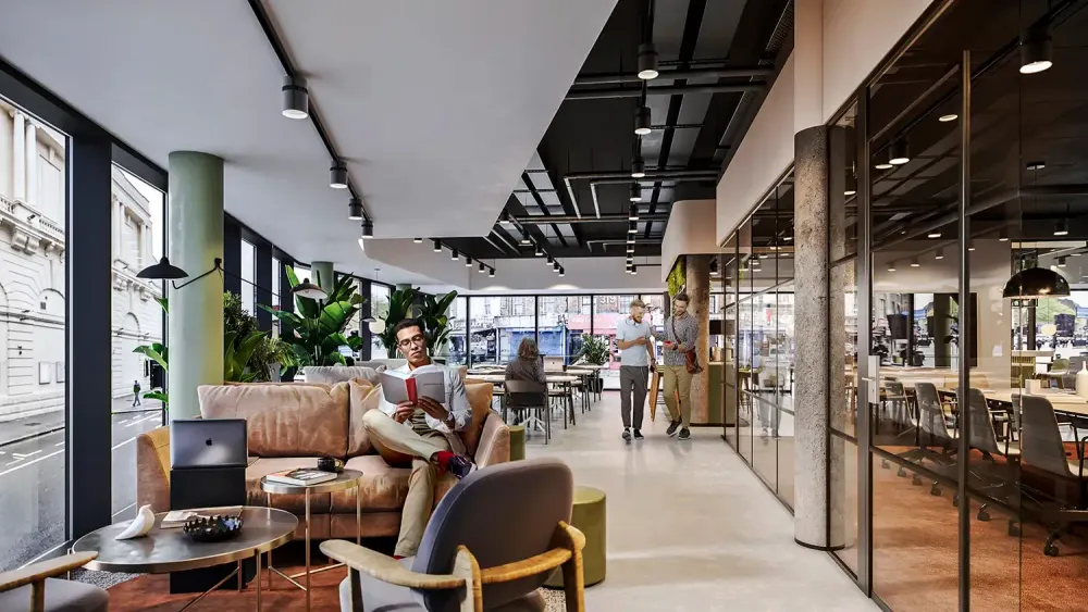 3D visualization of modern coworking space with rooftop terrace