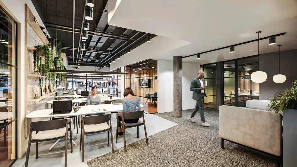 3D visualization of modern coworking space with rooftop terrace