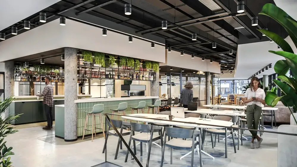 3D visualization of modern coworking space with rooftop terrace