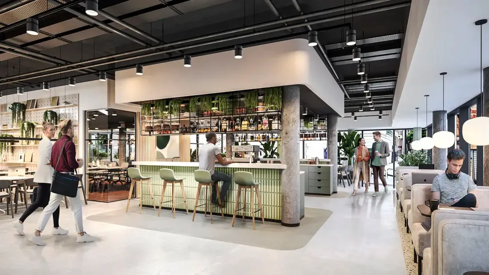 3D visualization of modern coworking space with rooftop terrace