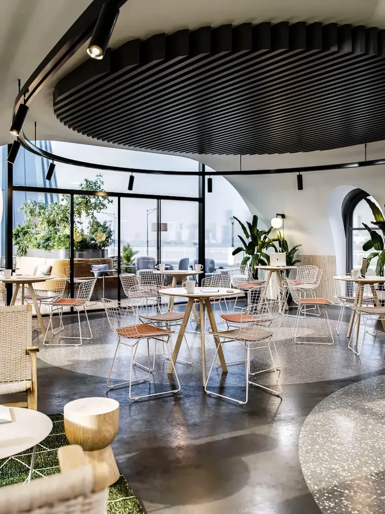 3D visualization of modern coworking space with rooftop terrace