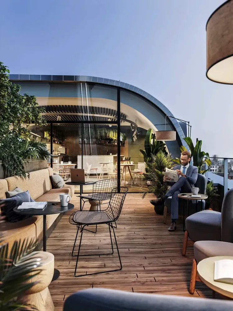 3D visualization of modern coworking space with rooftop terrace