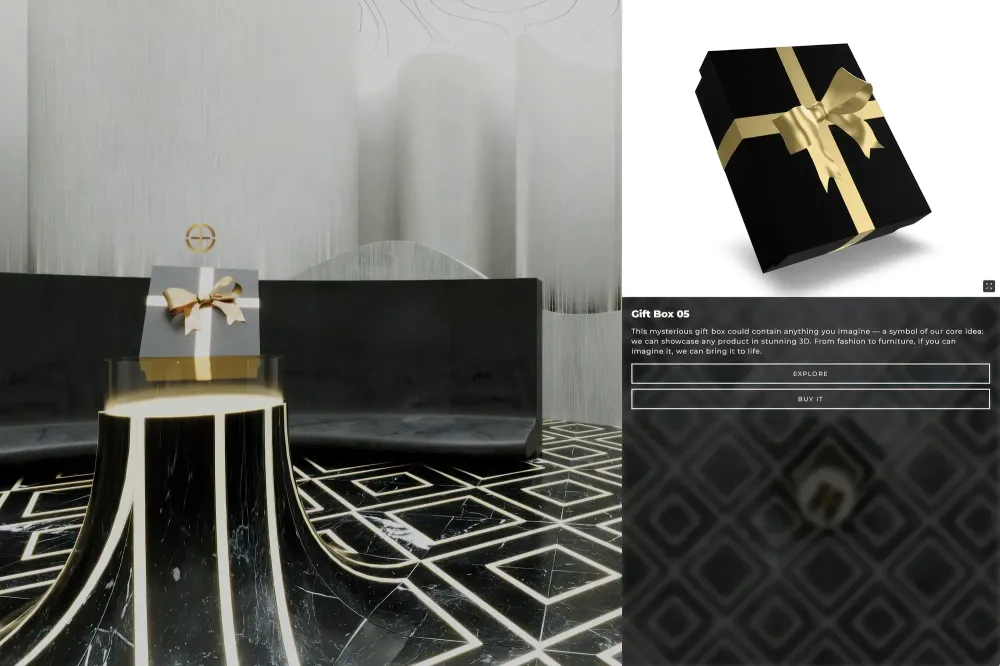 3D visualization of luxury retail store interior with dramatic marble design