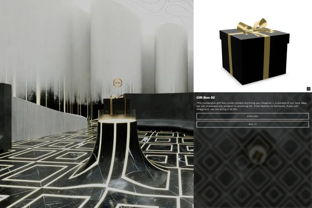 3D visualization of luxury retail store interior with dramatic marble design