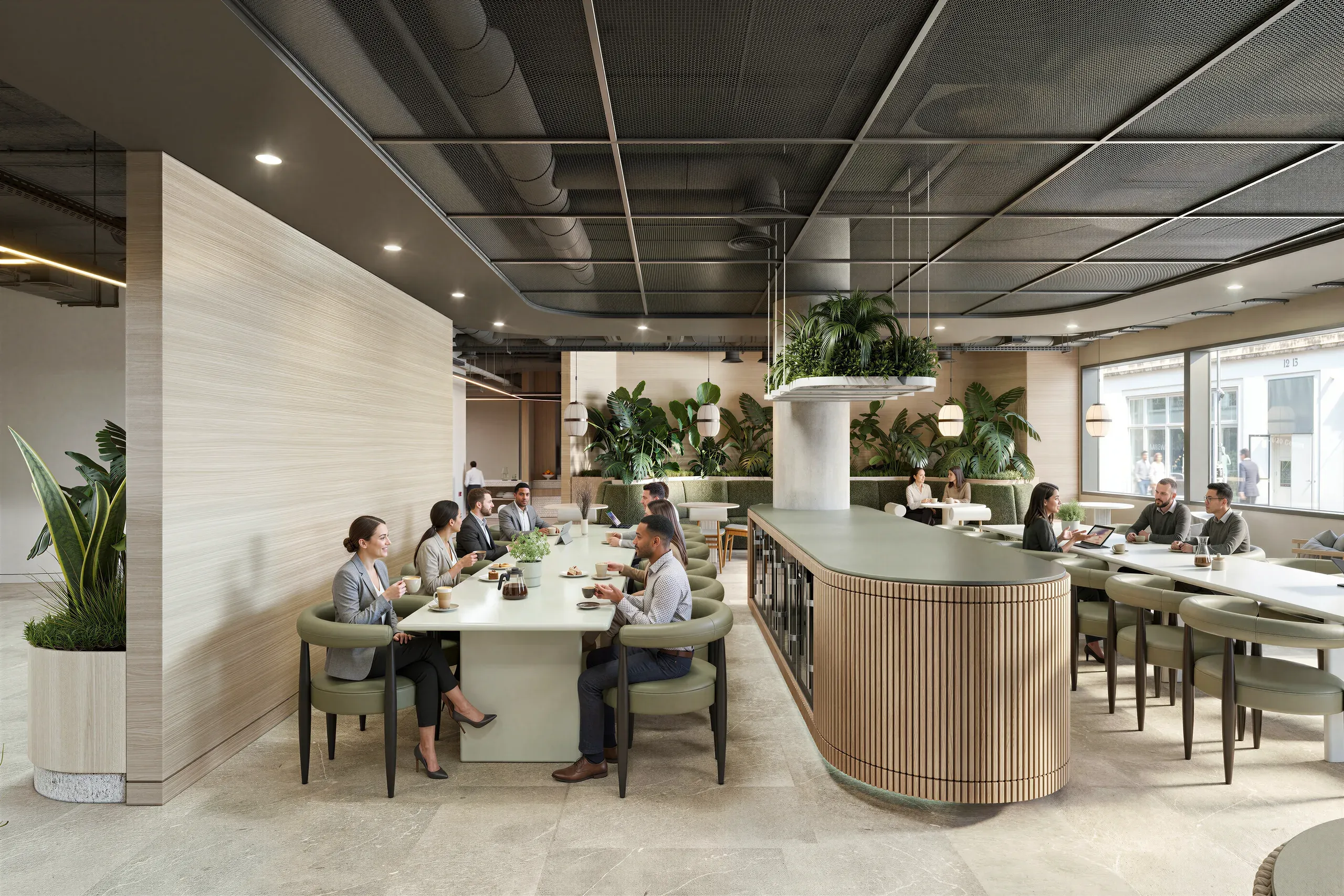 Modern office cafeteria with multiple dining areas, green plants, round white tables, seated professionals, curved wooden counter, and industrial ceiling with recessed lighting.