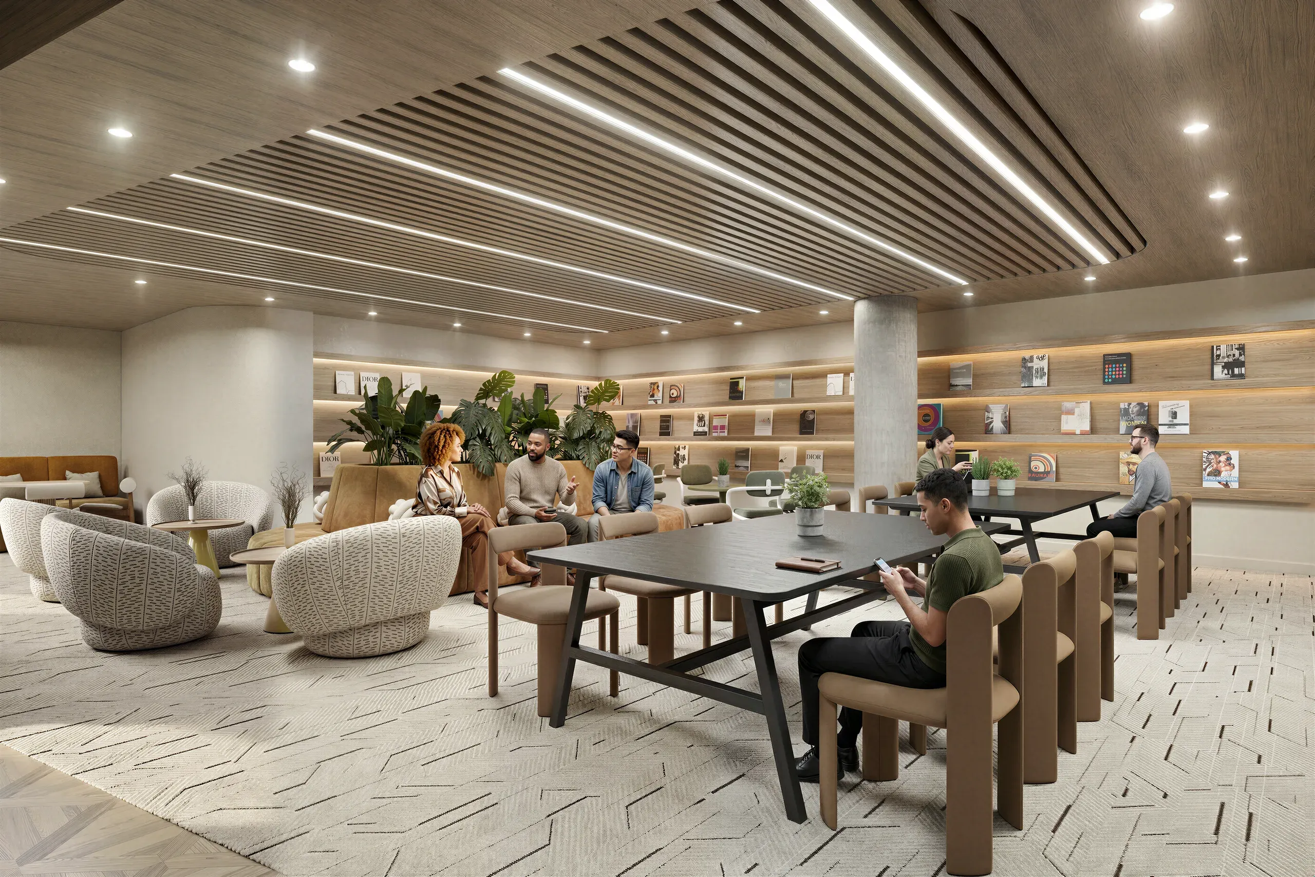 Modern open-plan office lounge with natural wood shelving, collaborative seating areas, linear ceiling lights, and multiple people working and socializing throughout the space.