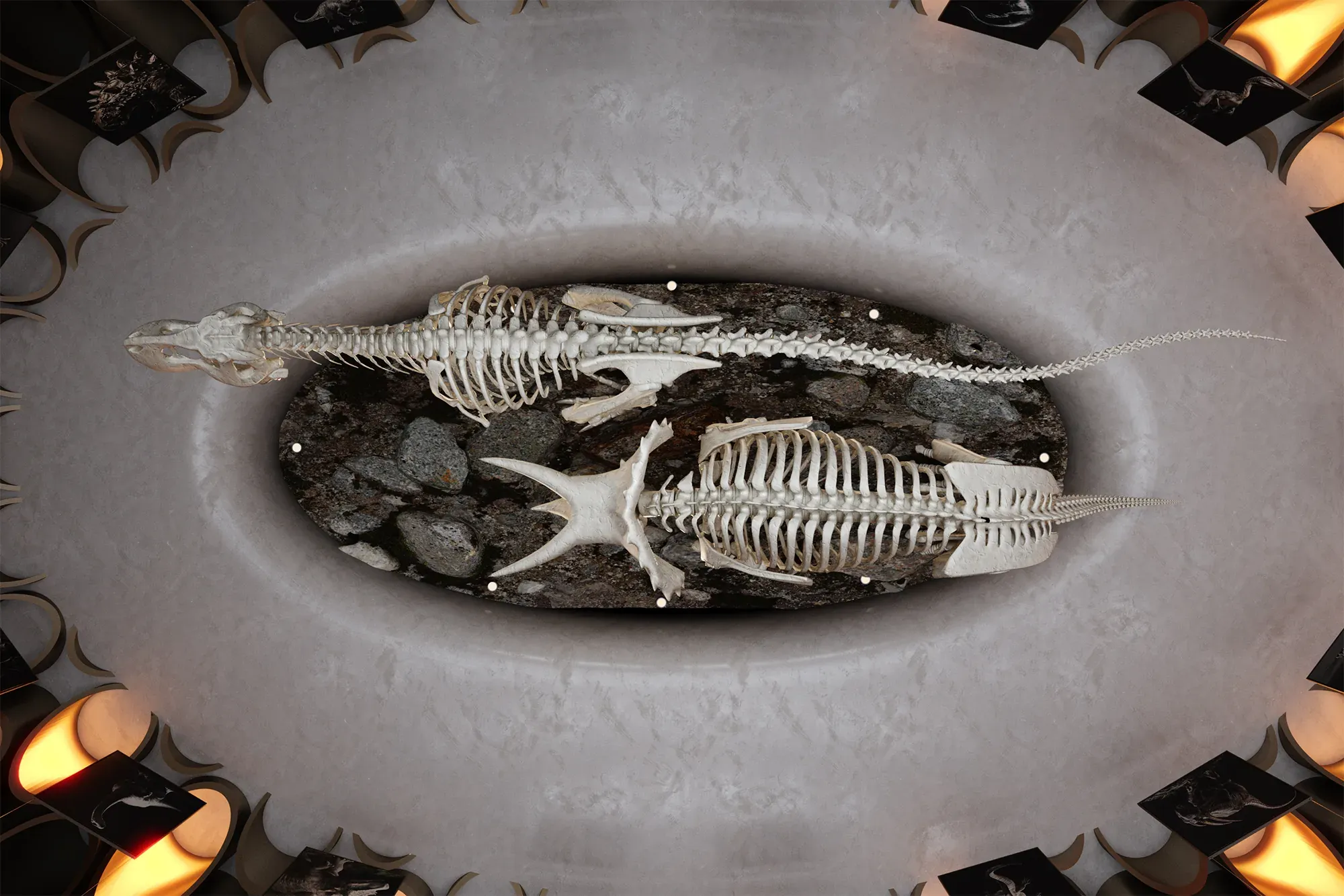 Two skeletal reptile specimens displayed on dark stone against gray background, flanked by decorative antlers and glowing candles.