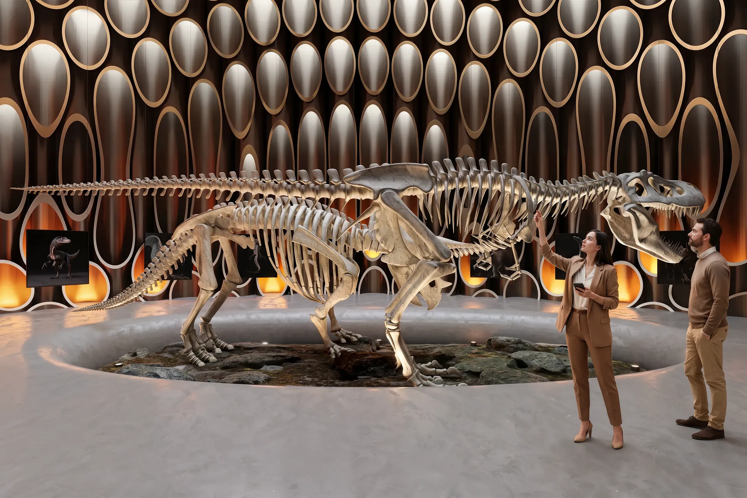 Two visitors observe dinosaur skeletons displayed in a modern museum gallery with illuminated oval-shaped wall panels and ambient lighting.