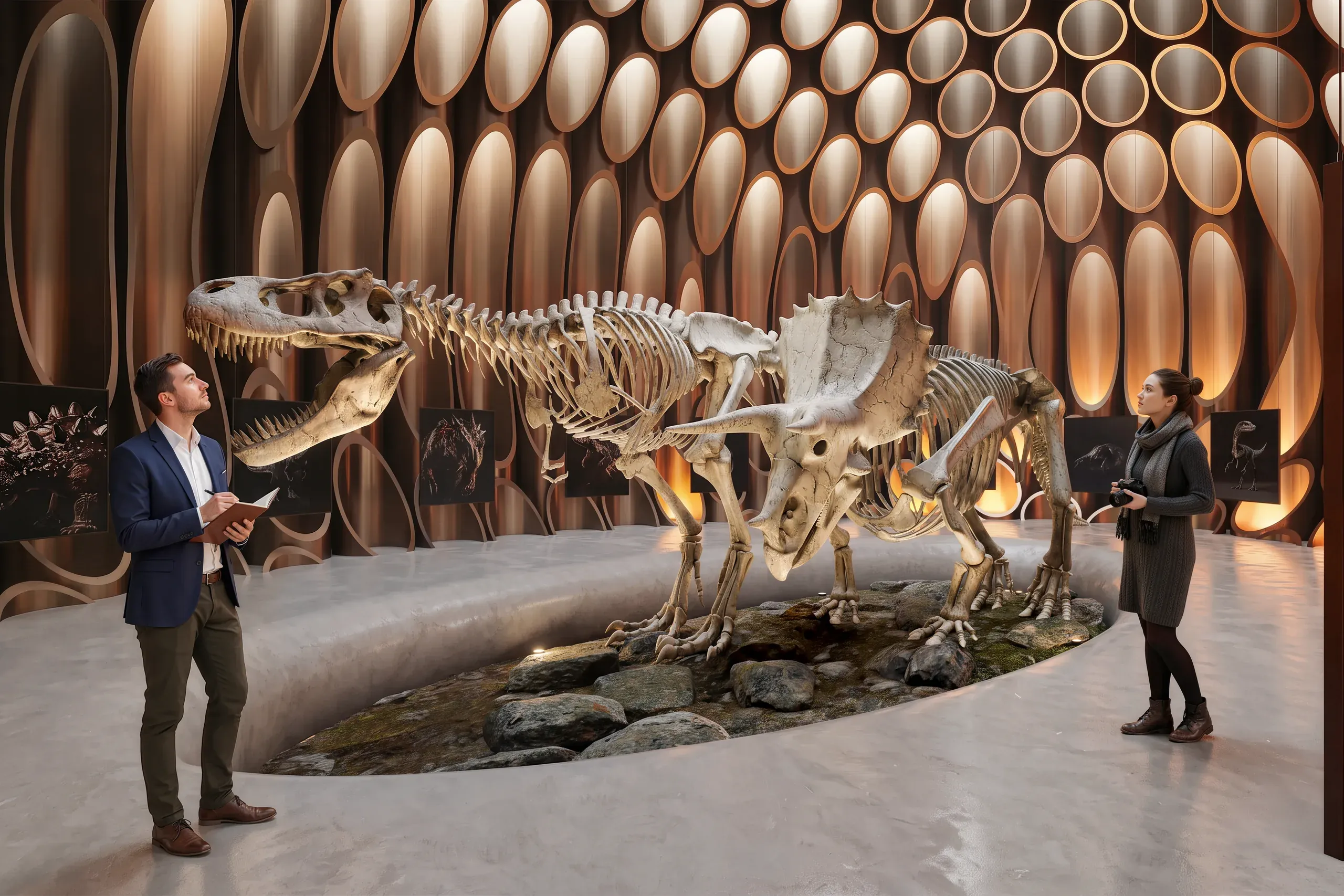 Two people examine a dinosaur skeleton display in a modern museum gallery with illuminated wall panels and natural stone features.