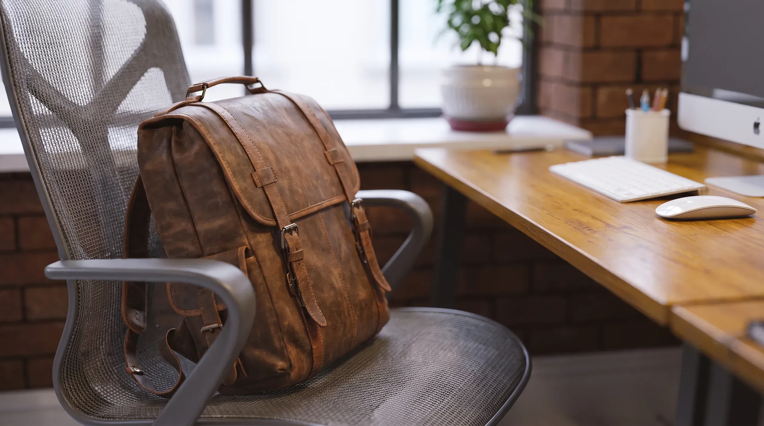 Brown leather backpack on office chair at wooden desk with computer mouse and supplies in modern workplace interior