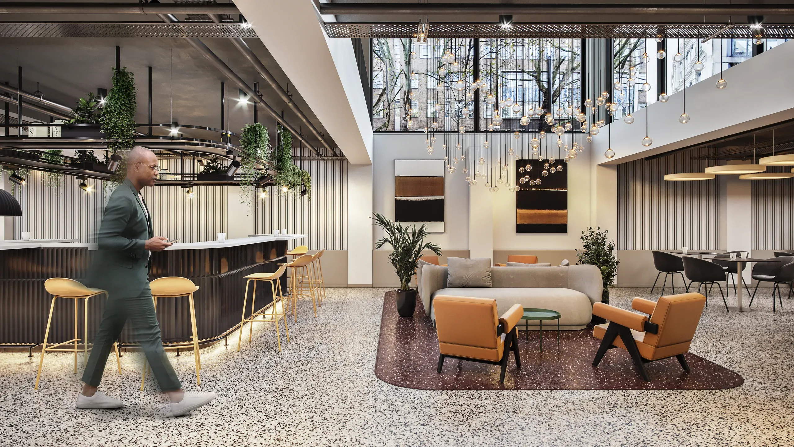 Modern office lobby with lounge seating, bar counter, pendant lighting, and multi-level mezzanine with plants and artwork.