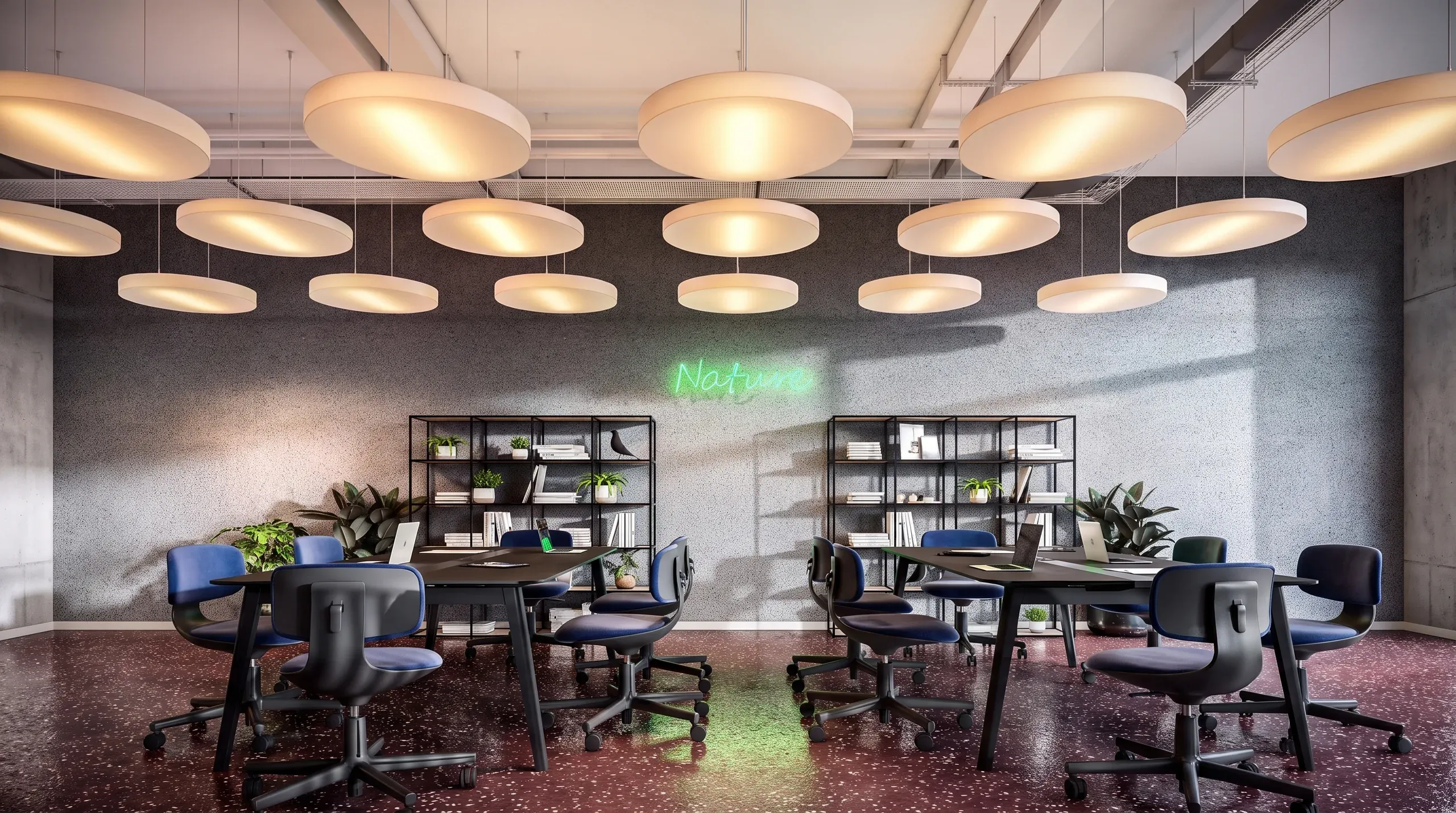 Modern office space with circular pendant lights, dark desks, blue chairs, shelving units, and green neon "Nature" sign on textured wall.