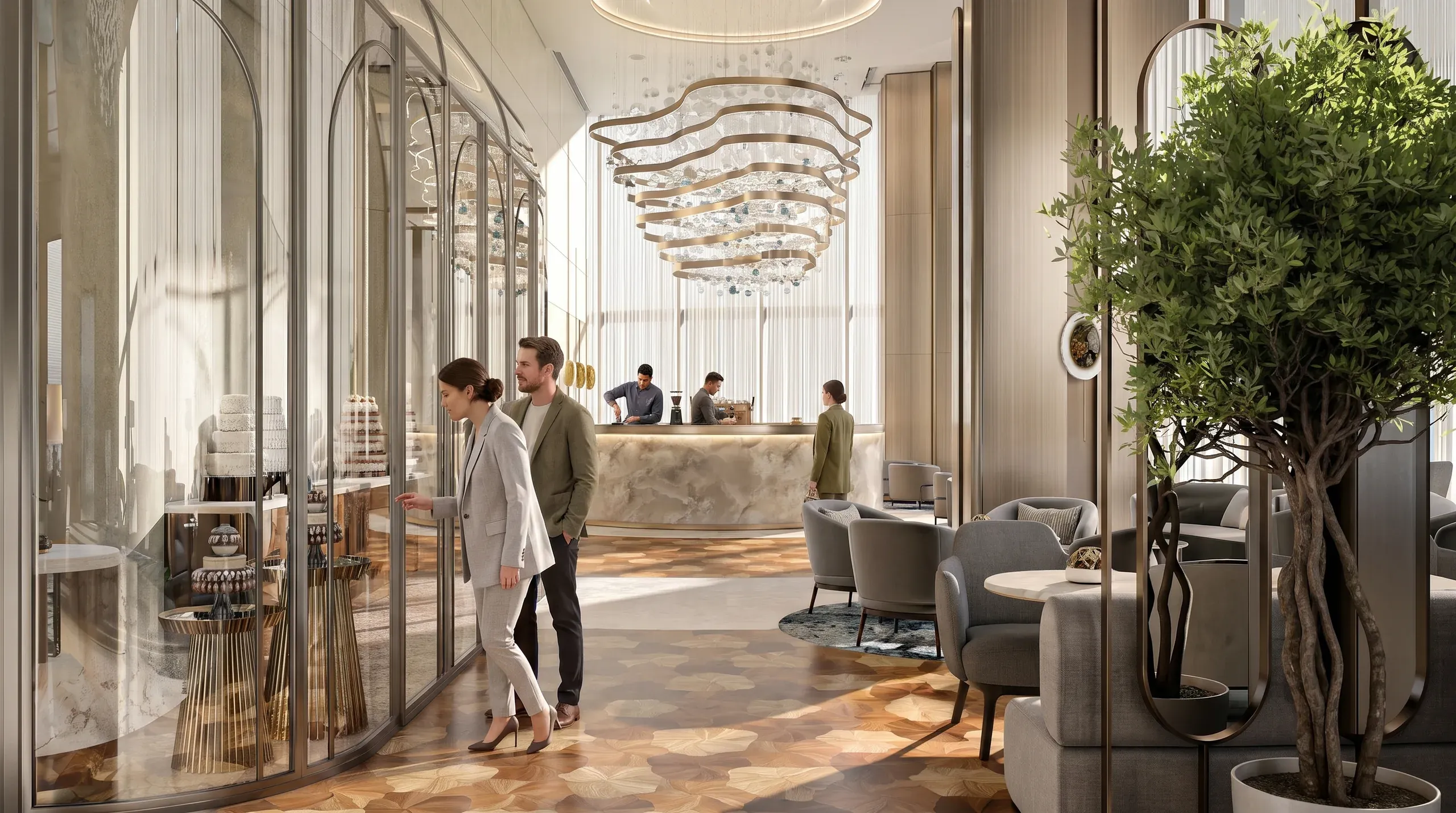 Modern luxury hotel lobby with marble reception desk, sculptural ceiling fixture, floor-to-ceiling windows, potted plants, and guests in contemporary furnishings.