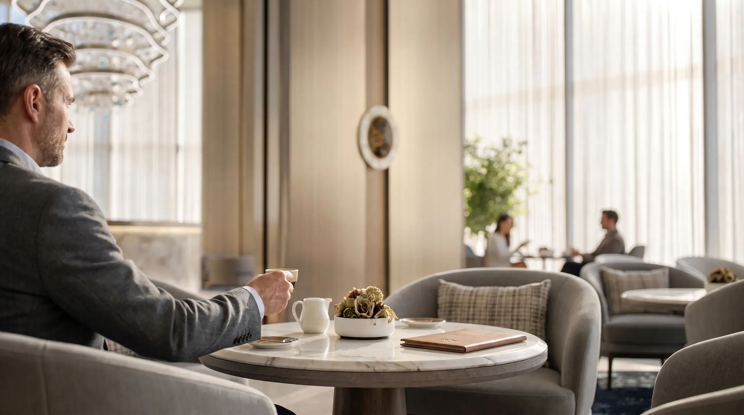 Man in business suit sitting in modern lounge area with marble table, holding drink, with other people and large windows in background.