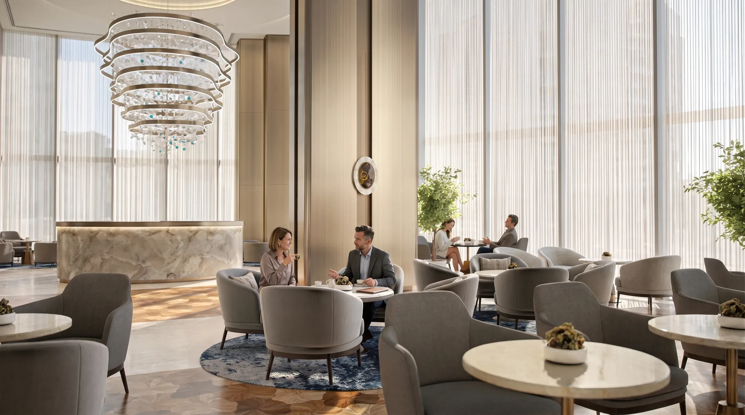 Modern luxury hotel lobby with marble reception desk, curved gray armchairs, elegant pendant lighting, and floor-to-ceiling windows with vertical blinds.