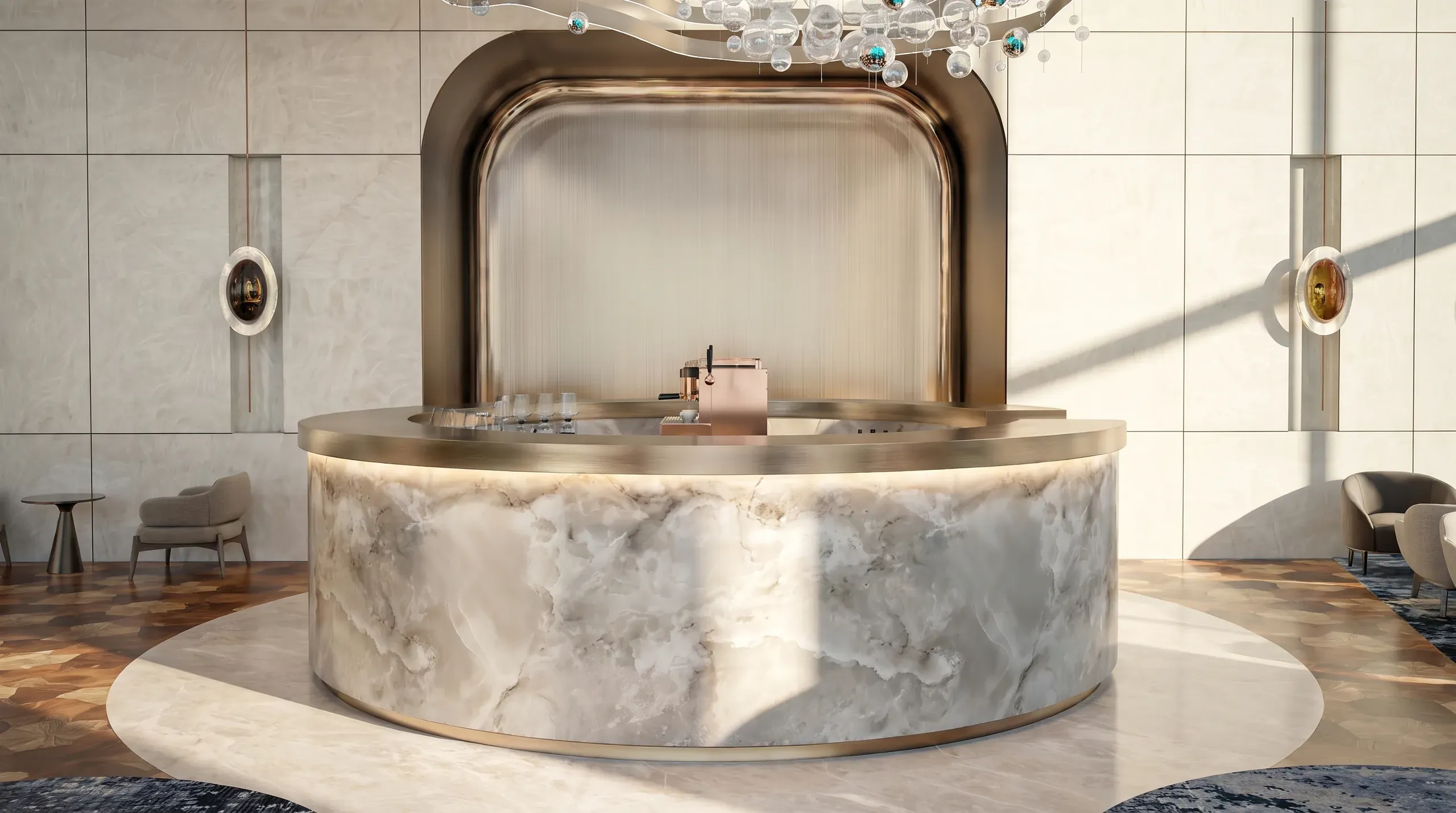 Luxury circular marble reception desk with brass top in modern lobby featuring arched bronze backdrop, pendant lighting, and contemporary seating areas.
