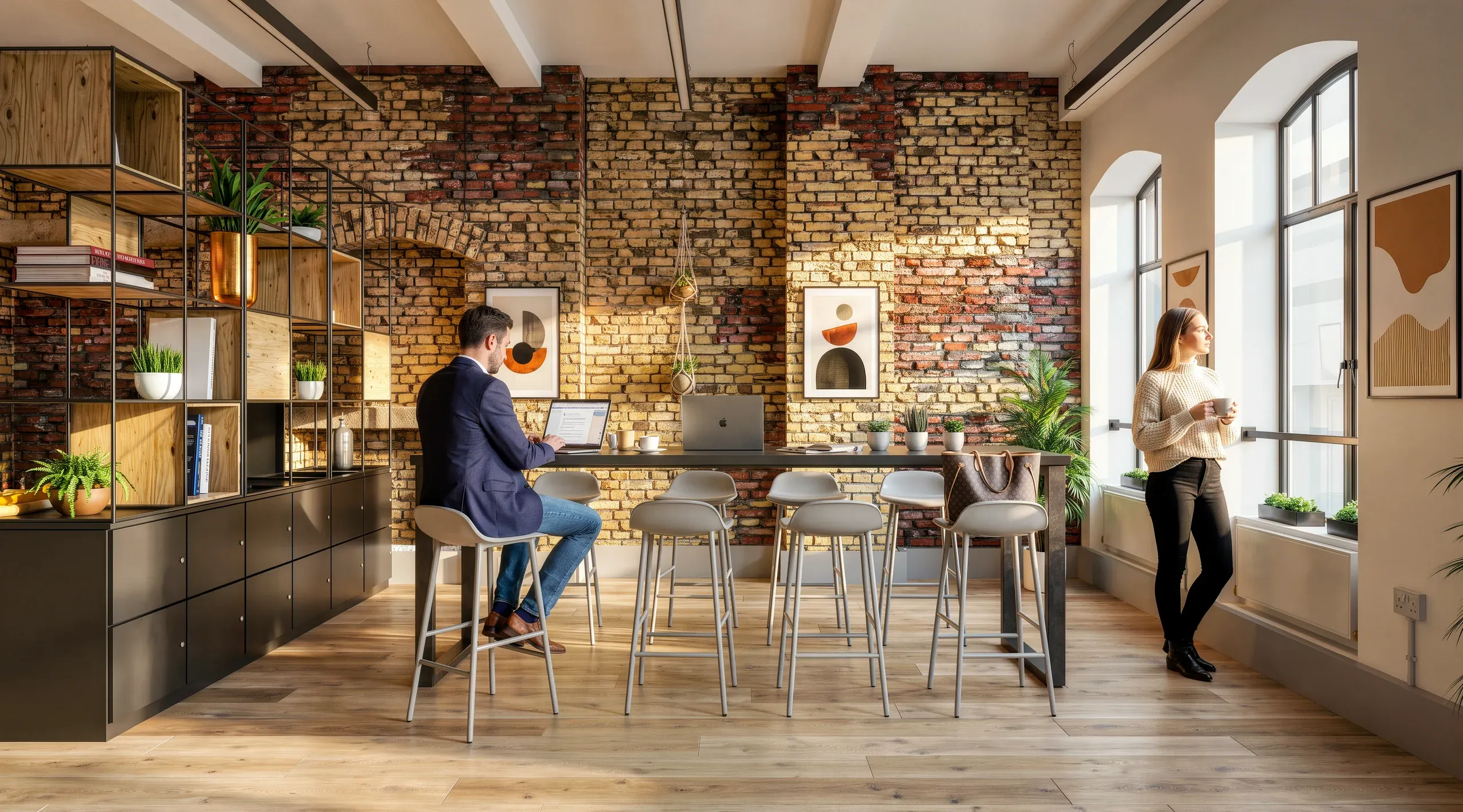 Modern office space with exposed brick wall, man working at desk with laptop, woman standing by window with coffee, wooden shelving, plants, and bar seating.