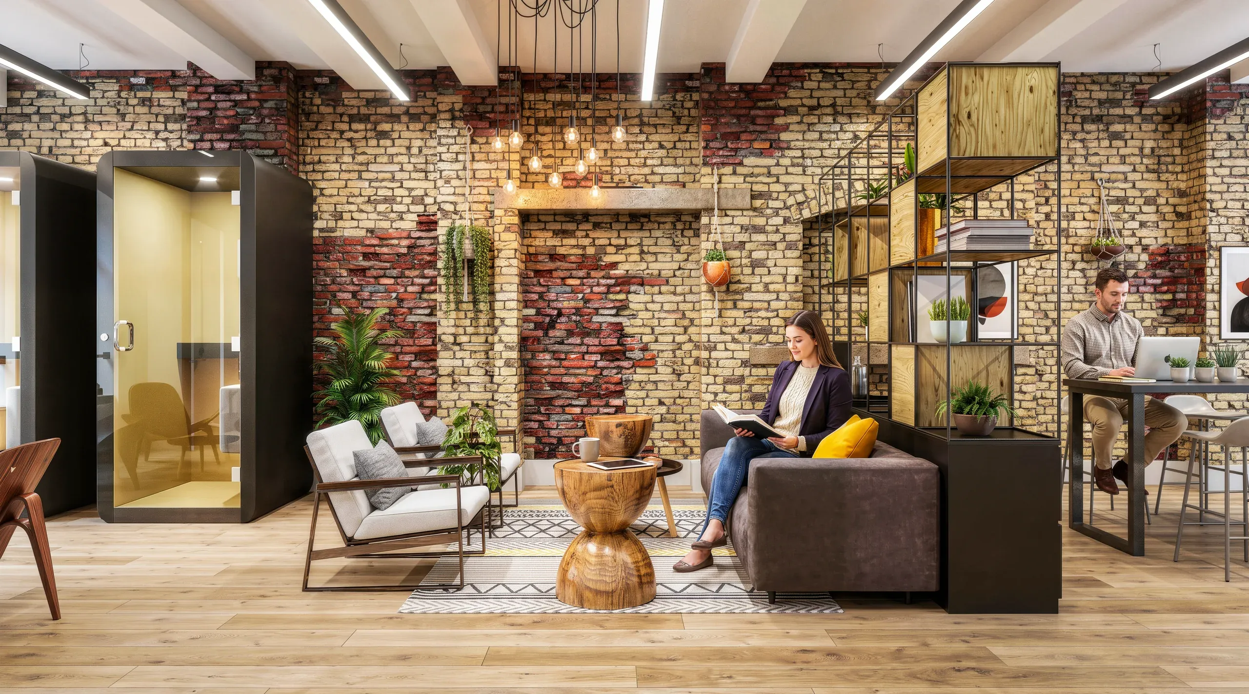 Modern office lounge with exposed brick walls, wooden furniture, potted plants, and workers at desks and seating areas.