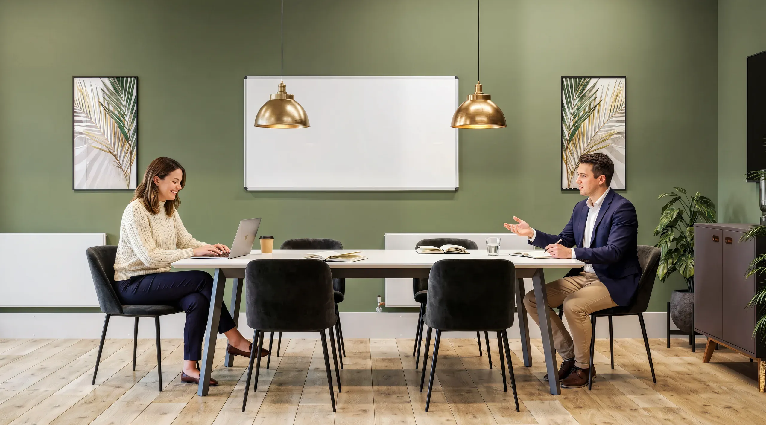 Two professionals in a modern office meeting room with sage green walls, brass pendant lights, and botanical artwork, seated at a white table during a discussion.