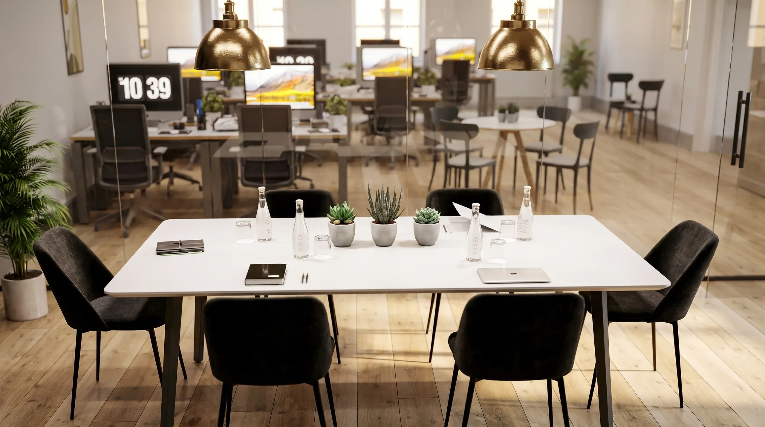 Modern office meeting room with white table, black chairs, brass pendant lights, potted succulents, water bottles, and blurred workspace in background.