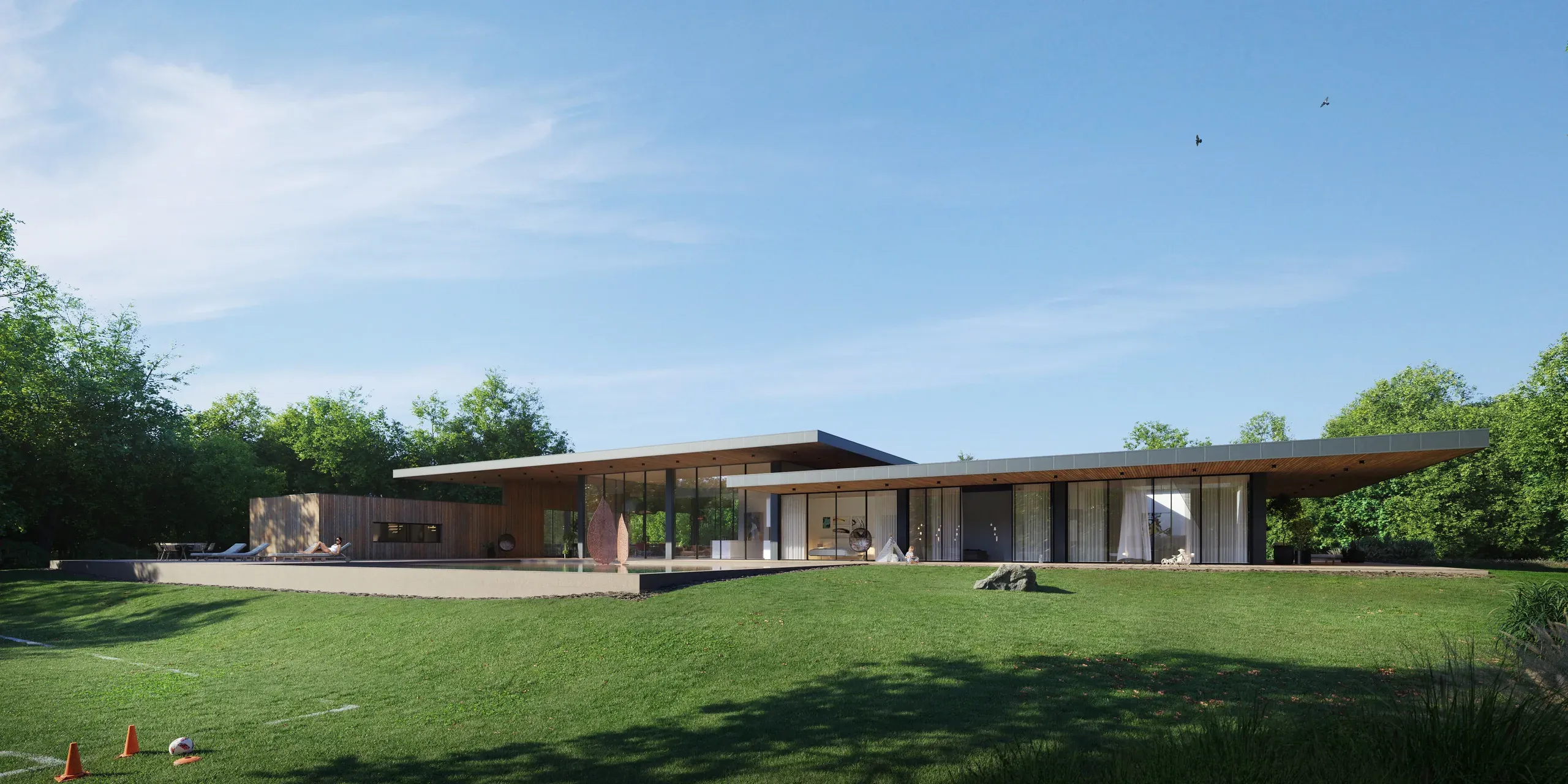 Modern single-story residential home with wooden and metal cladding, expansive glass windows, flat roof overhangs, concrete terrace, and manicured lawn surrounded by trees.