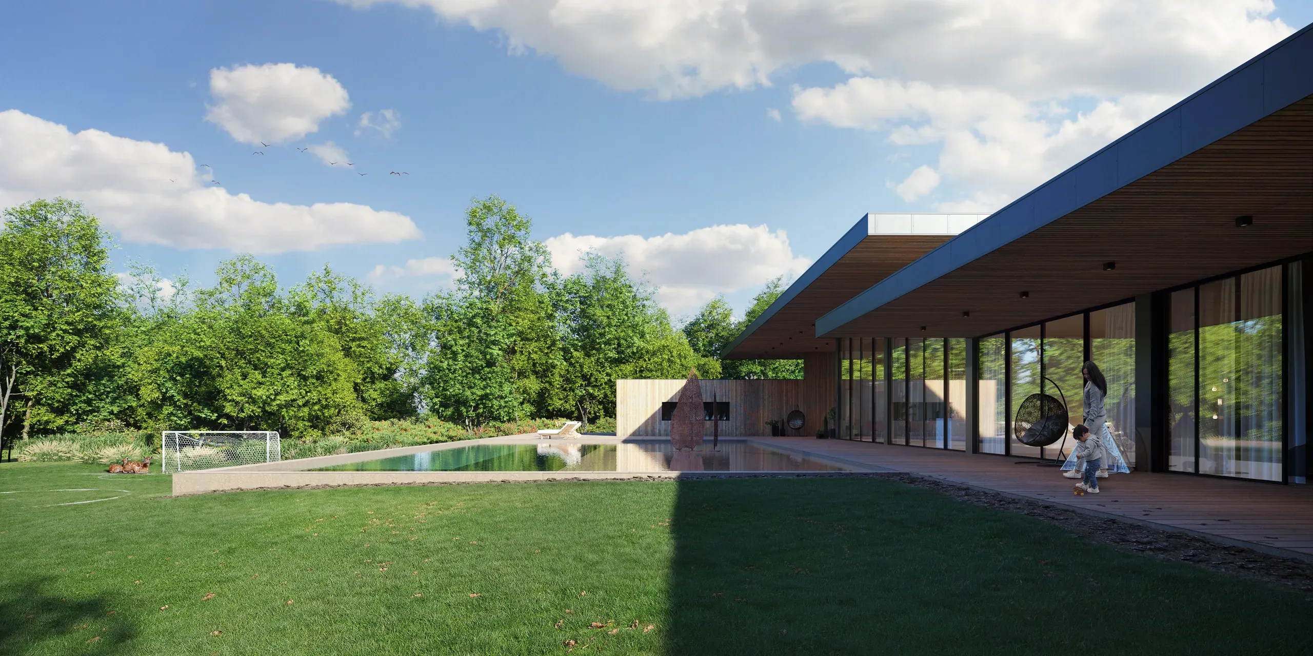 Modern house with blue roof, large windows, wooden deck, swimming pool, manicured lawn, and trees under cloudy sky.