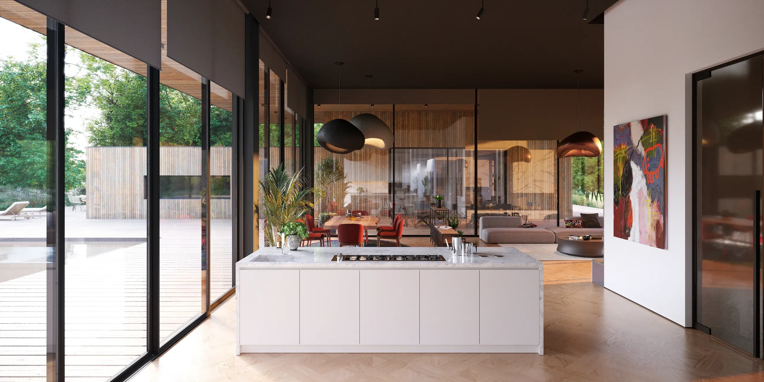 Modern open-plan kitchen and living area with white island, black pendant lights, floor-to-ceiling windows, wood accents, and contemporary furnishings overlooking outdoor deck.