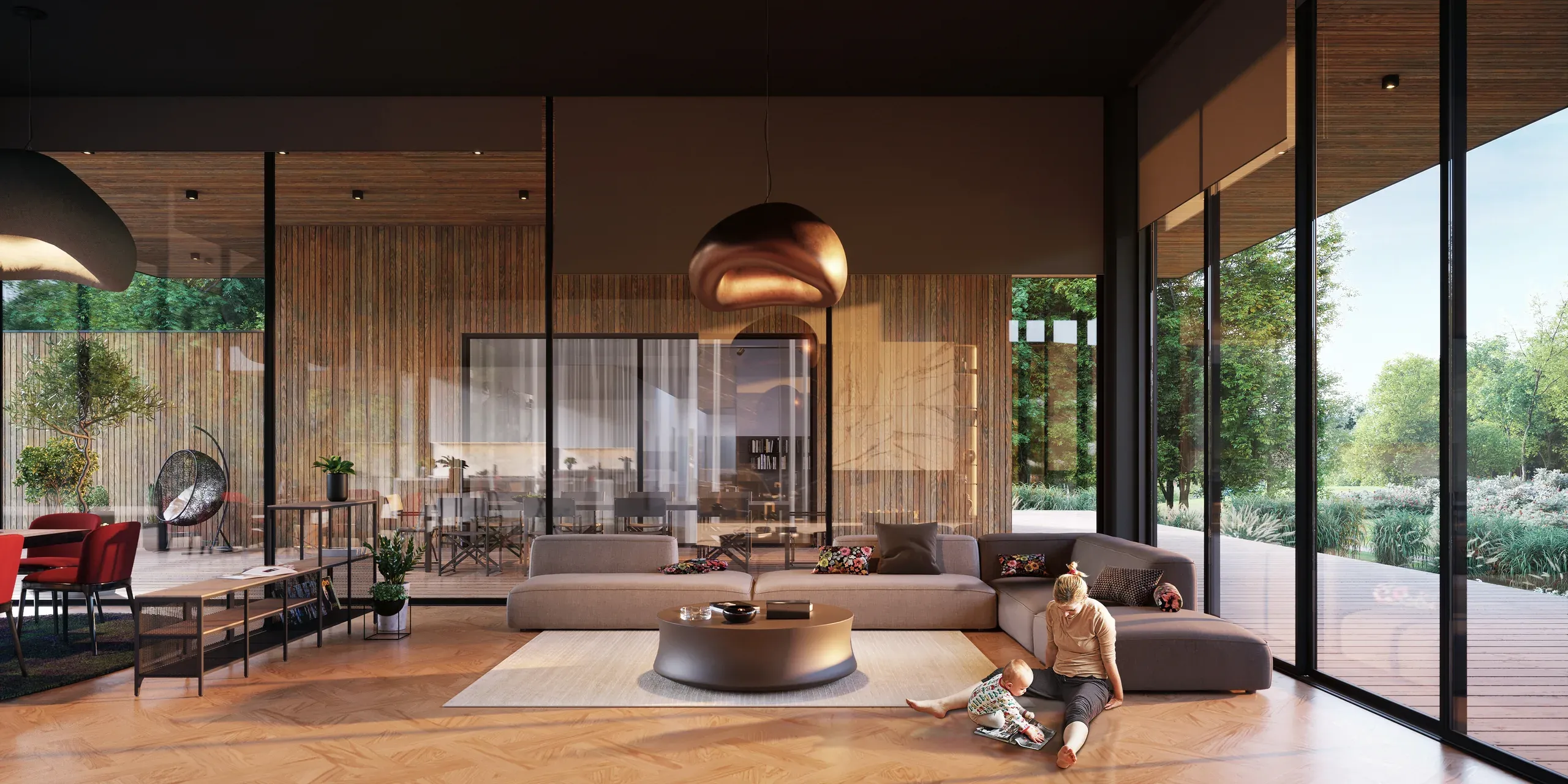 Modern open-plan living space with continuous wood and glass design, featuring contemporary furniture, large windows overlooking landscaped grounds, and natural lighting throughout.