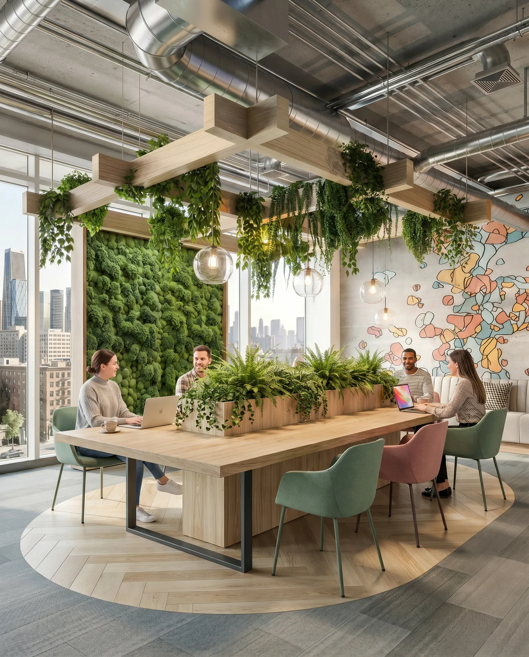 Modern office break room with wooden table, green plants, hanging lights, and four workers. Floor-to-ceiling green wall and city views visible through windows.