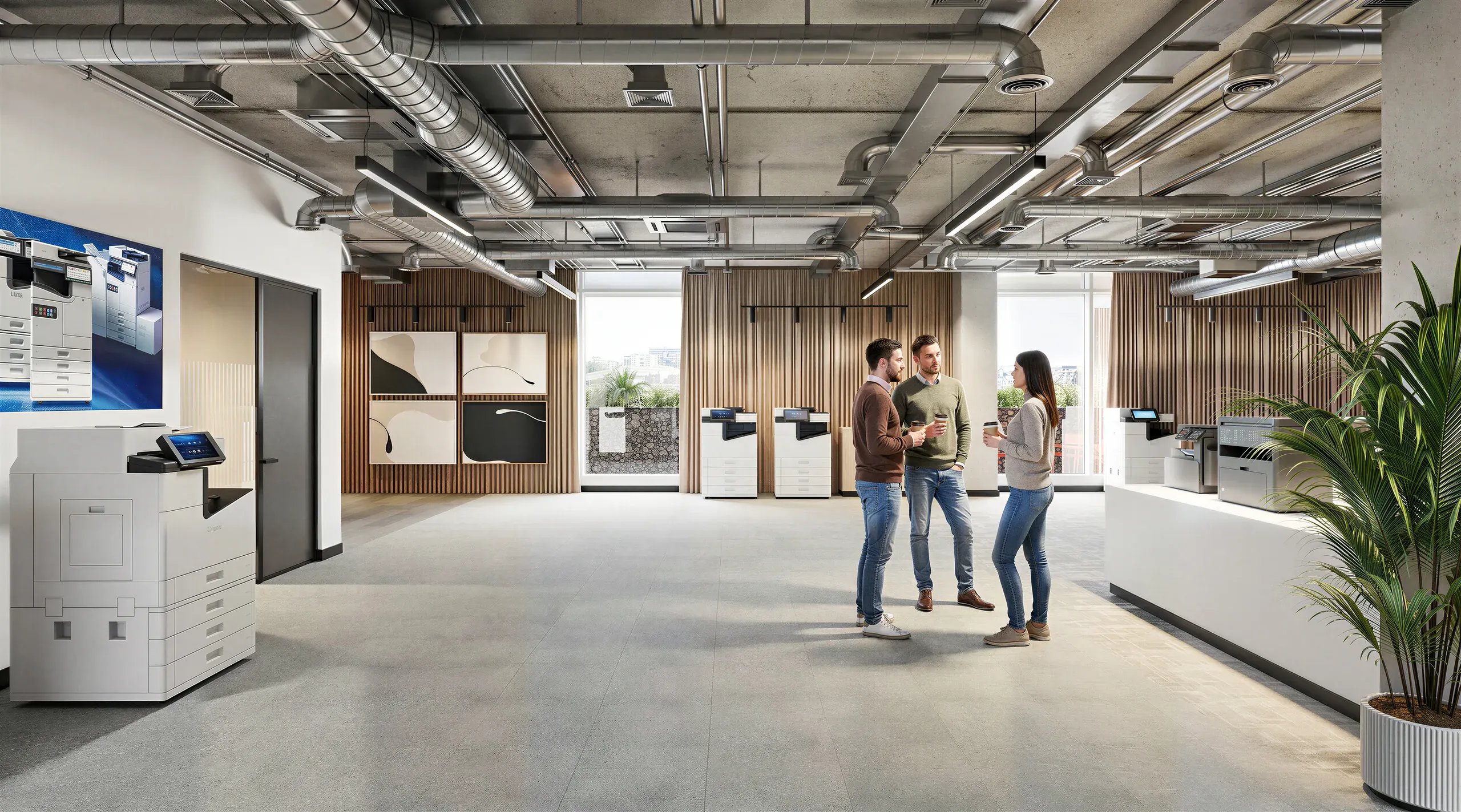 Modern office break room with three employees chatting, featuring exposed ceiling ducts, wood paneling, large windows, office equipment, and potted plants.
