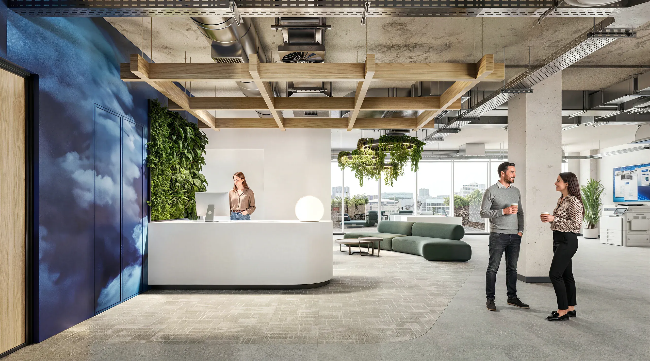 Modern office lobby with curved white reception desk, green plants, wooden ceiling beams, blue digital display, and employees conversing in an open floor plan with city views.