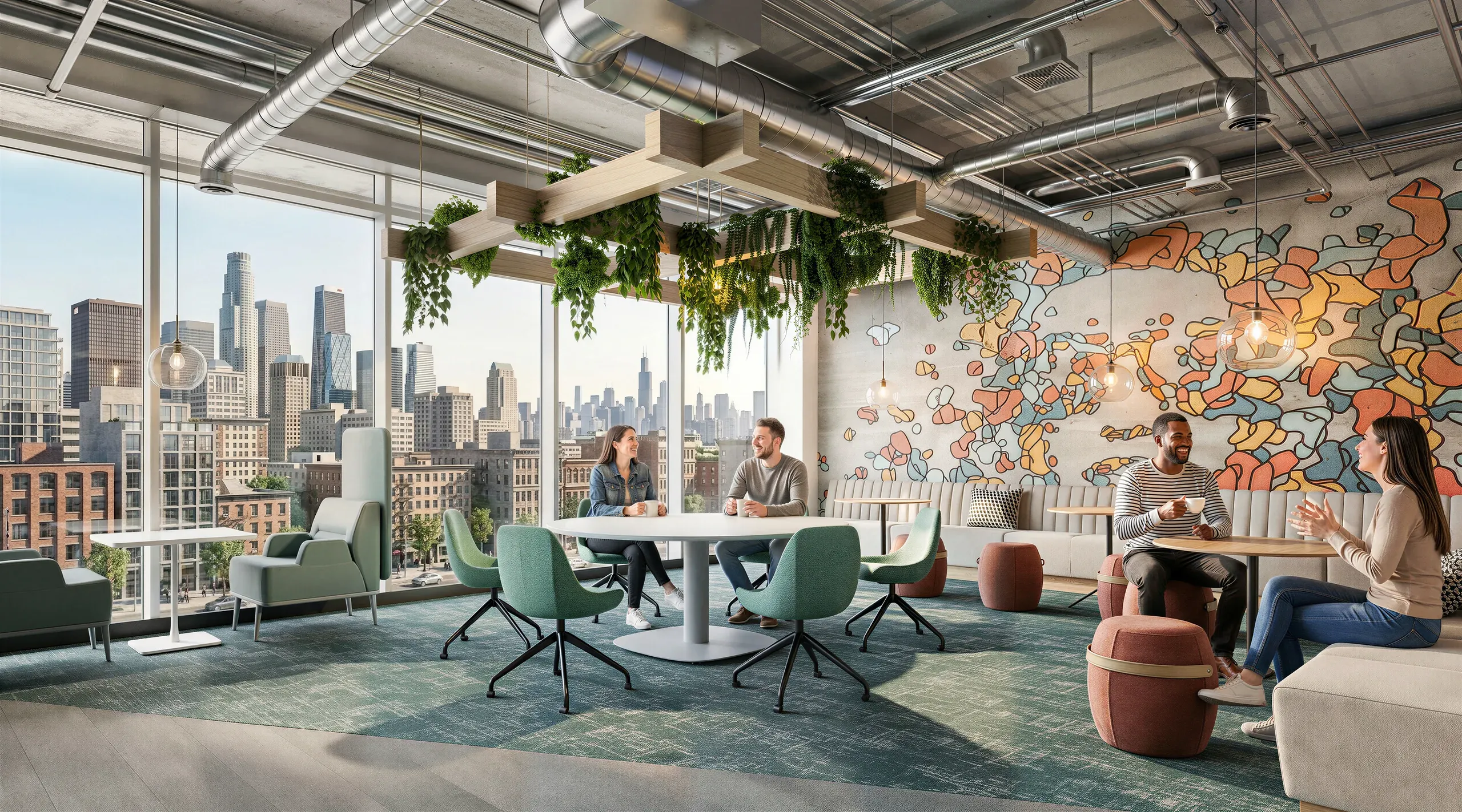 Modern office space with floor-to-ceiling windows overlooking a city skyline, featuring collaborative seating areas, hanging plants, and colorful wall art.