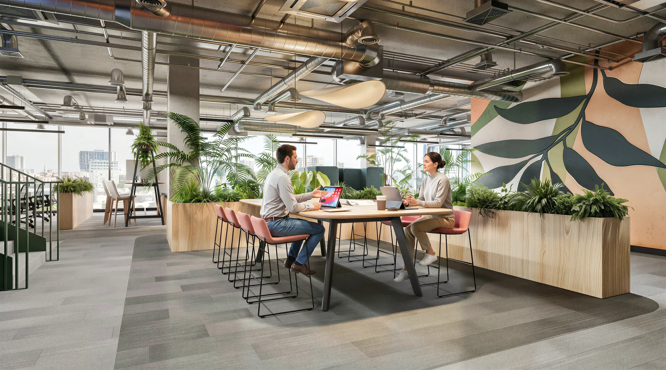 Modern open-plan office space with two people at a wooden table, surrounded by potted plants, large windows overlooking a city skyline, and industrial ceiling fixtures.