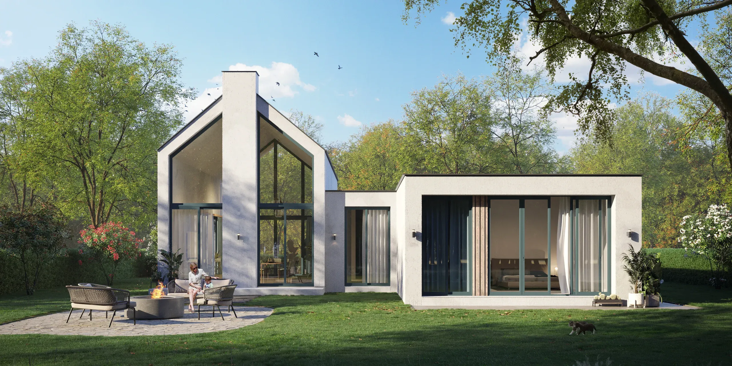 Modern white house with geometric architecture, large windows, and adjoining pavilion, surrounded by trees and manicured lawn with outdoor seating area.