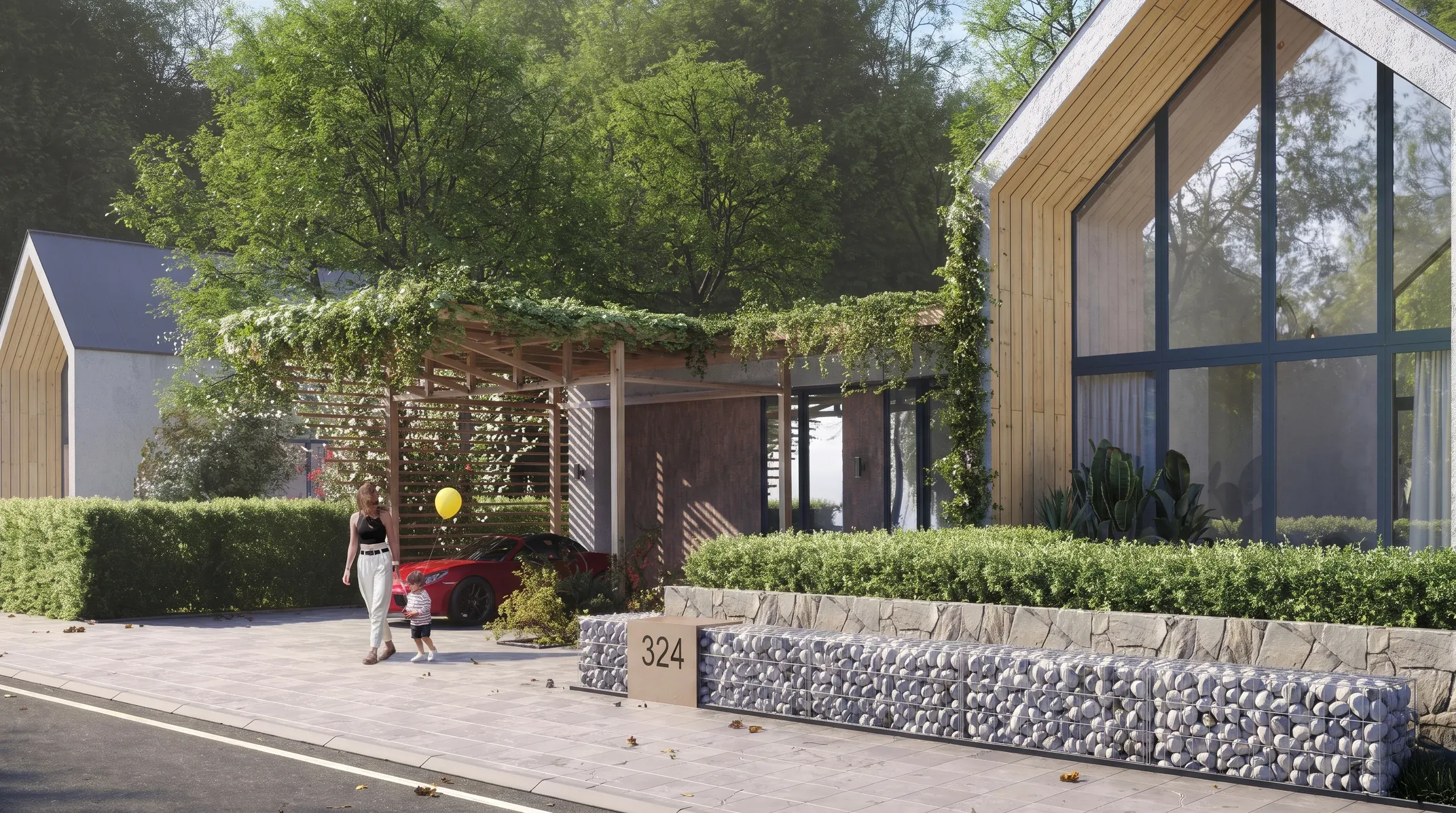 Modern residential complex with contemporary architecture, wooden cladding, large windows, ivy-covered pergola, stone retaining wall, and landscaped courtyard with family figures.