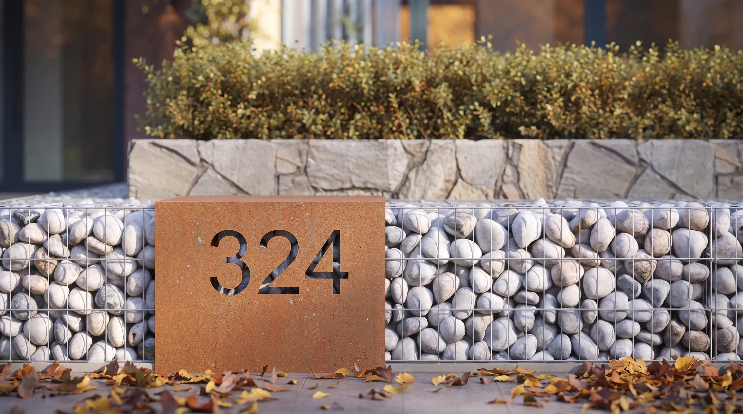 Modern house address marker "324" mounted on gabion fence filled with white stones, autumn leaves scattered below, landscaped garden behind.