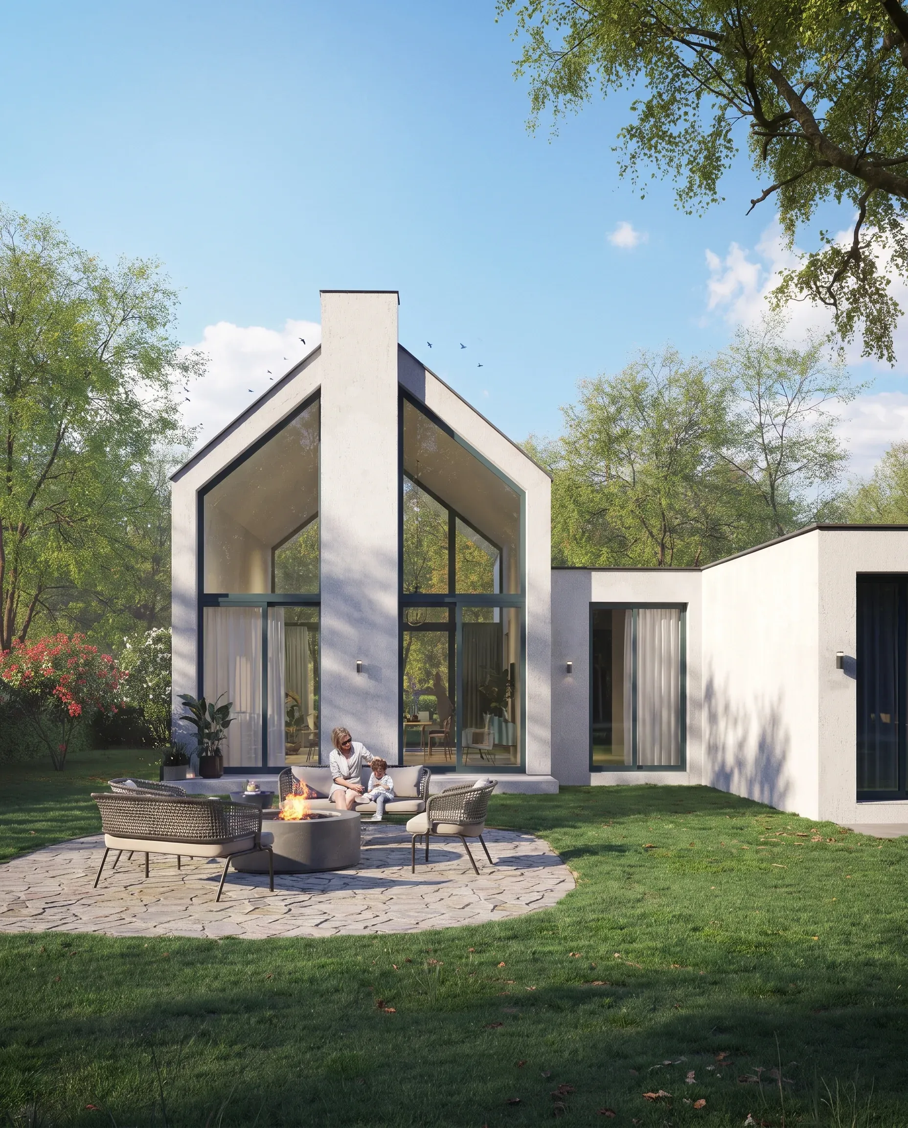 Modern white house with large windows, two people by a fire pit on patio, surrounded by green lawn and trees under blue sky.