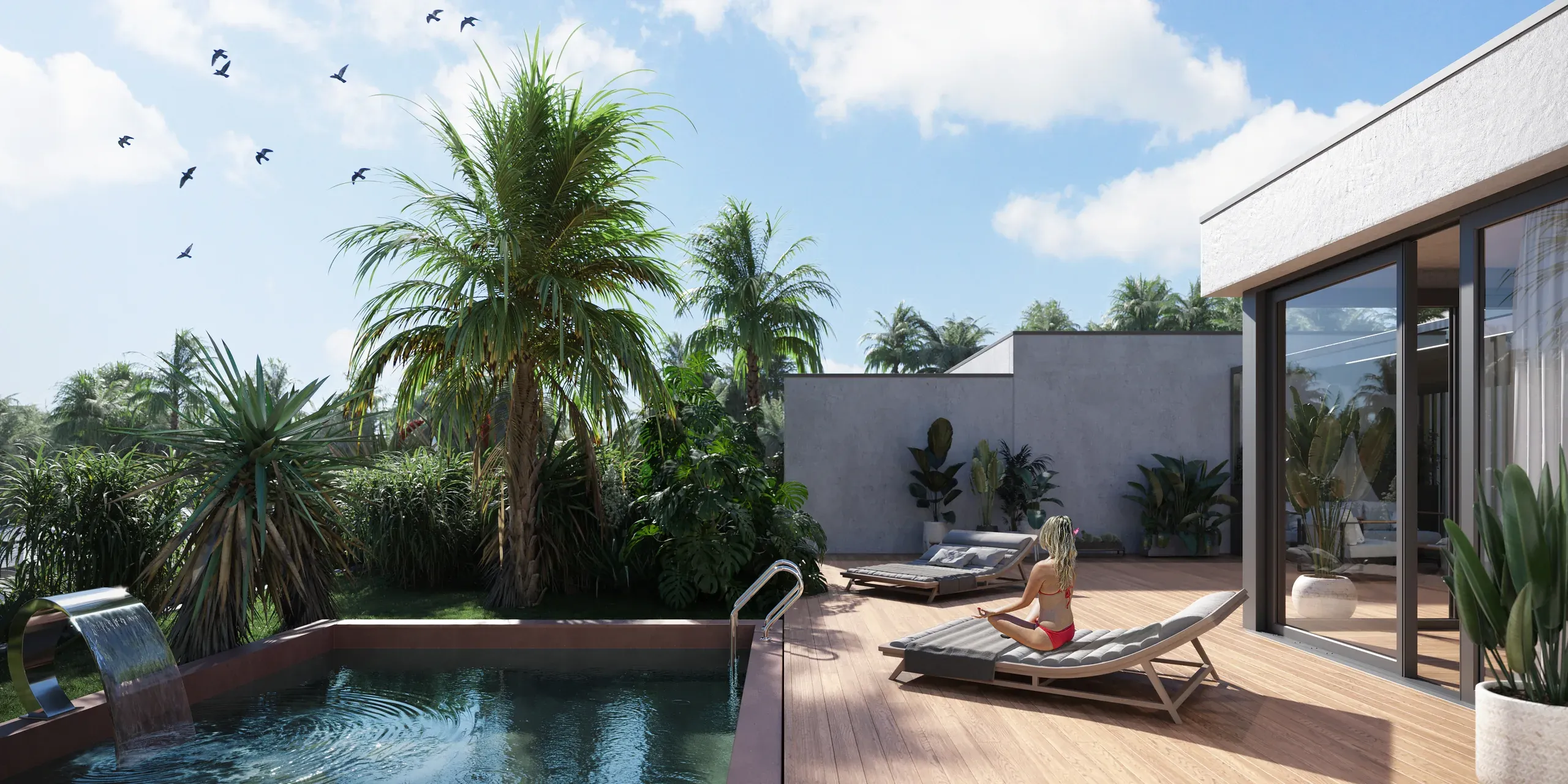 Modern rooftop terrace with pool, wooden deck, lounge chairs, tropical plants, and glass doors to contemporary building.