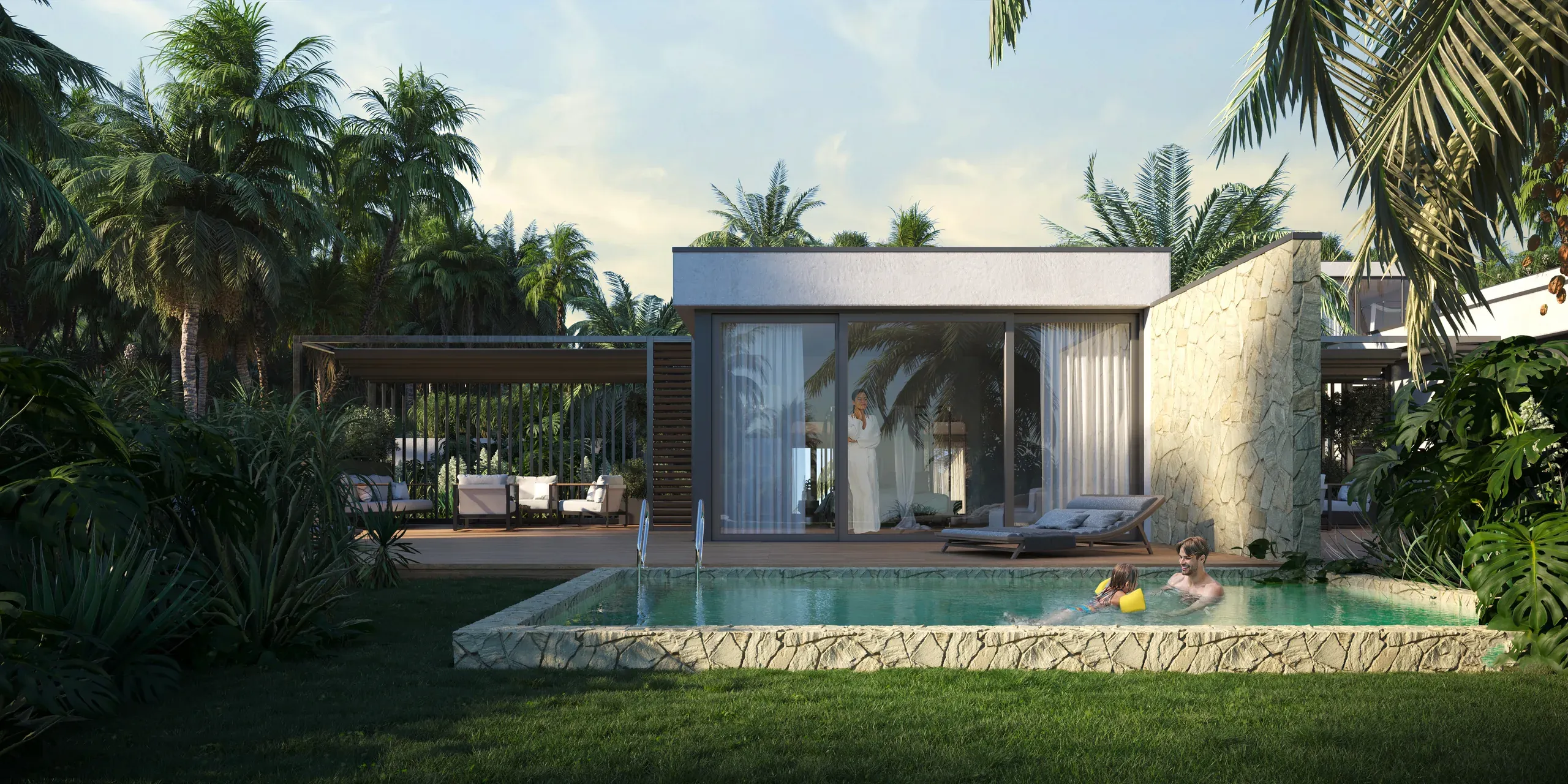 Modern tropical home with pool, featuring glass doors, wooden deck, palm trees, and stone walls surrounding the property.