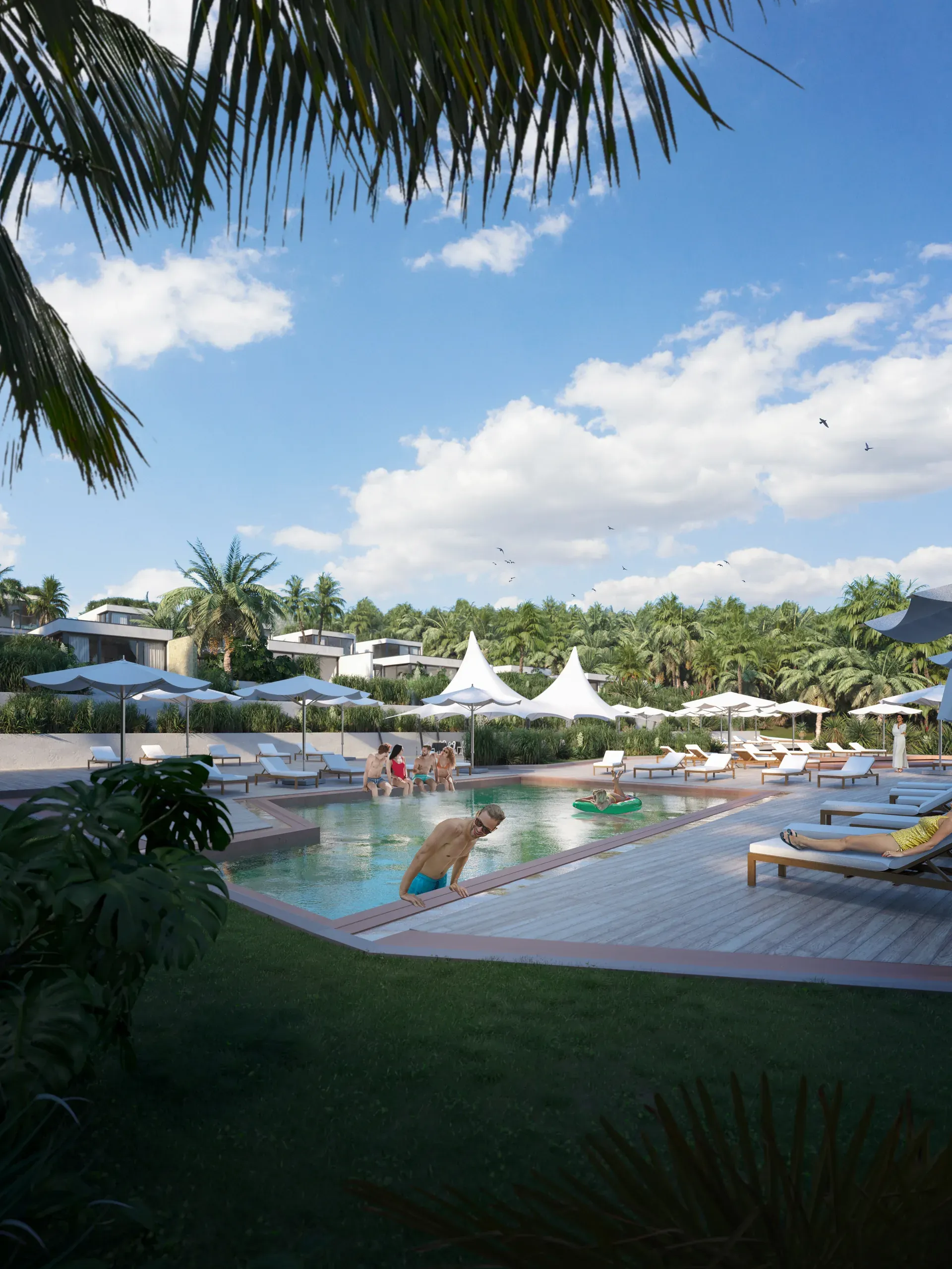 Luxury resort pool area with white umbrellas, lounge chairs, tropical palms, and modern architecture under blue sky with clouds