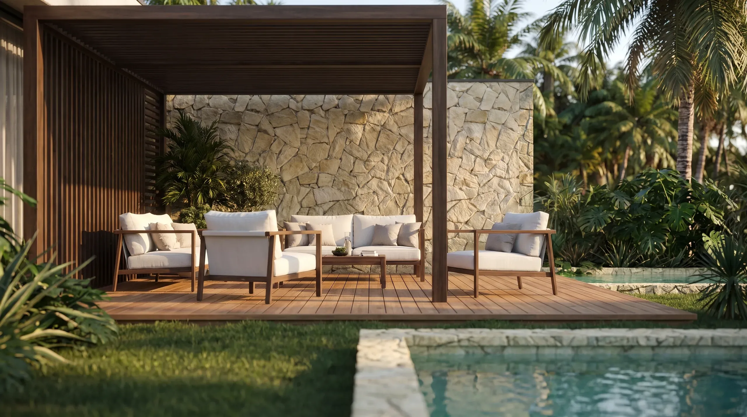 Modern poolside patio with wooden pergola, stone wall, cream loungers, and tropical palm trees surrounding a swimming pool.