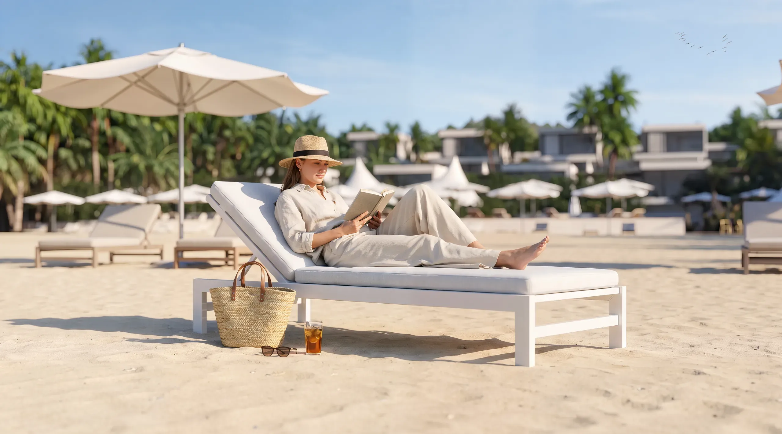 Woman reading on white beach lounger wearing hat and beige outfit, with umbrella, straw bag, and drink nearby, palm trees and resort buildings in background.