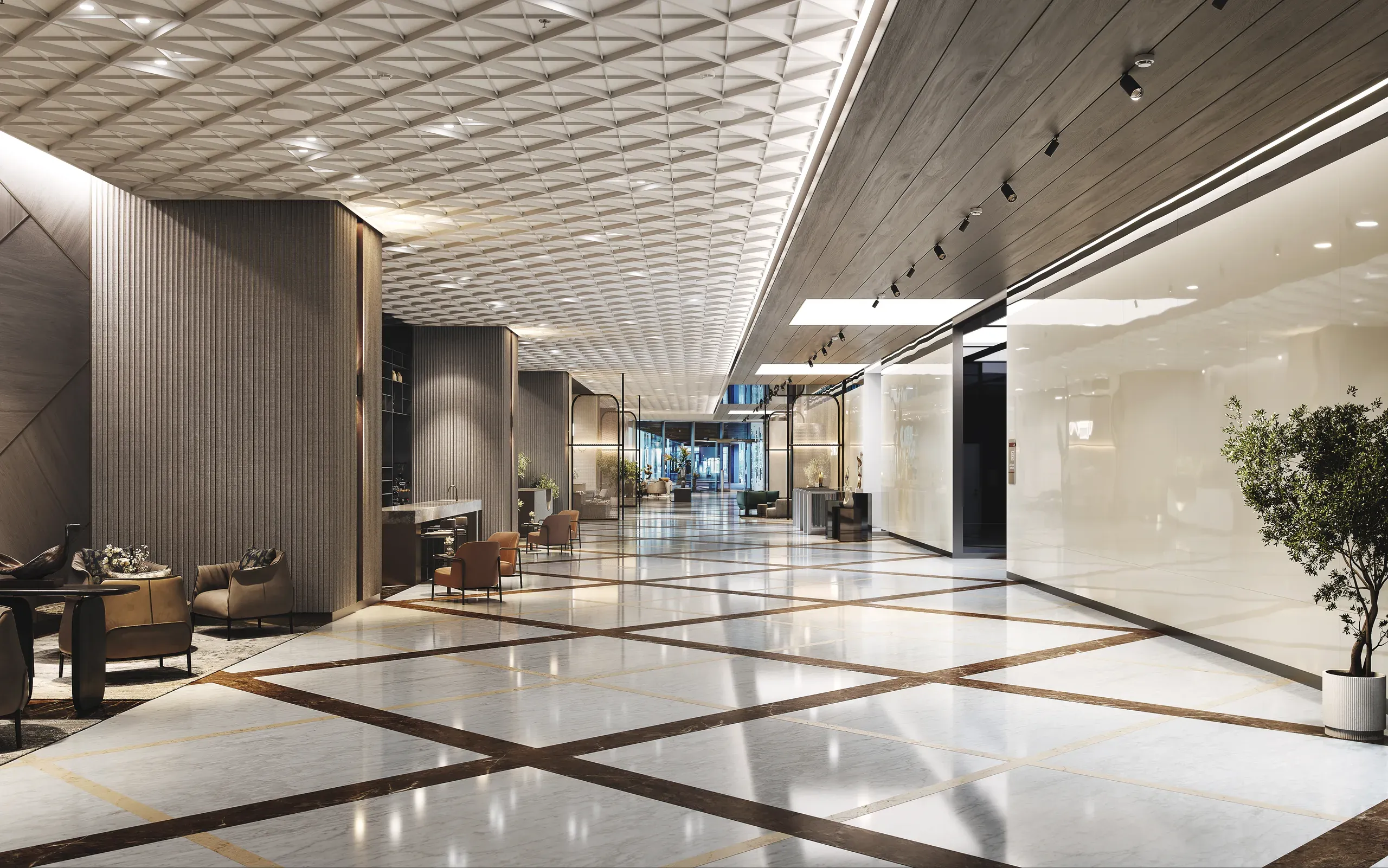 Modern luxury hotel lobby with geometric floor pattern, sculptural ceiling, minimalist furnishings, and natural lighting throughout spacious corridor.