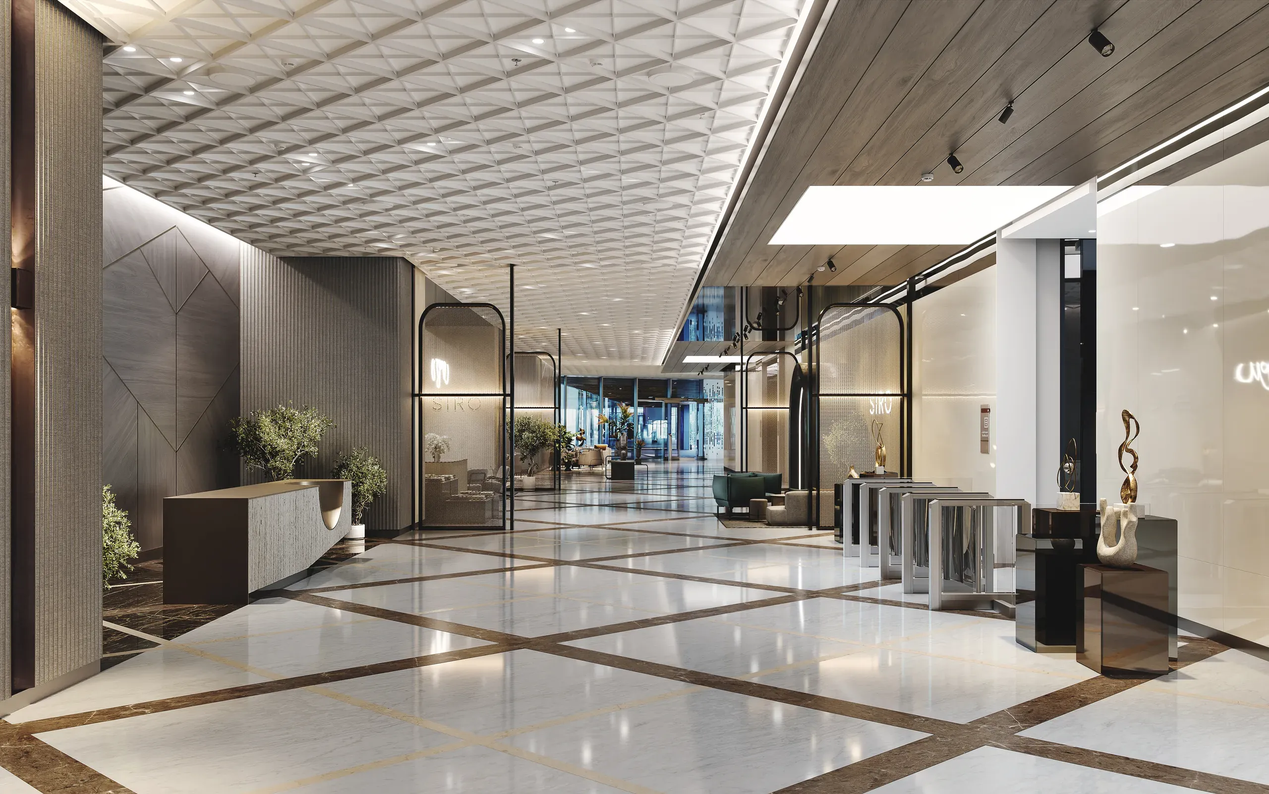 Modern luxury hotel lobby with geometric ceiling design, marble flooring, reception desk, glass partitions, and contemporary furniture under bright skylights.