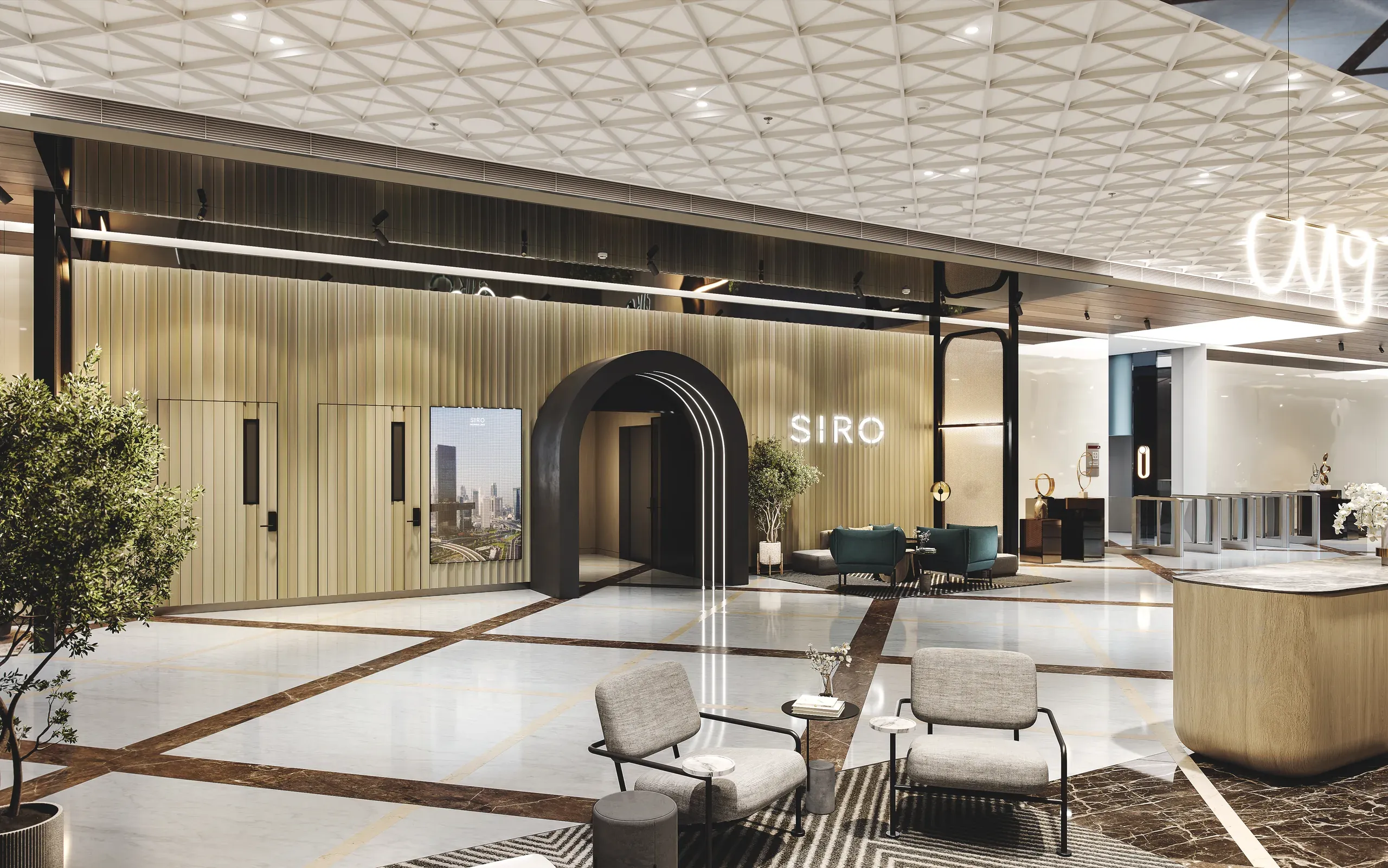 Modern luxury hotel lobby with geometric ceiling, beige walls, black archway entrance, green seating area, and "SIRO" signage.
