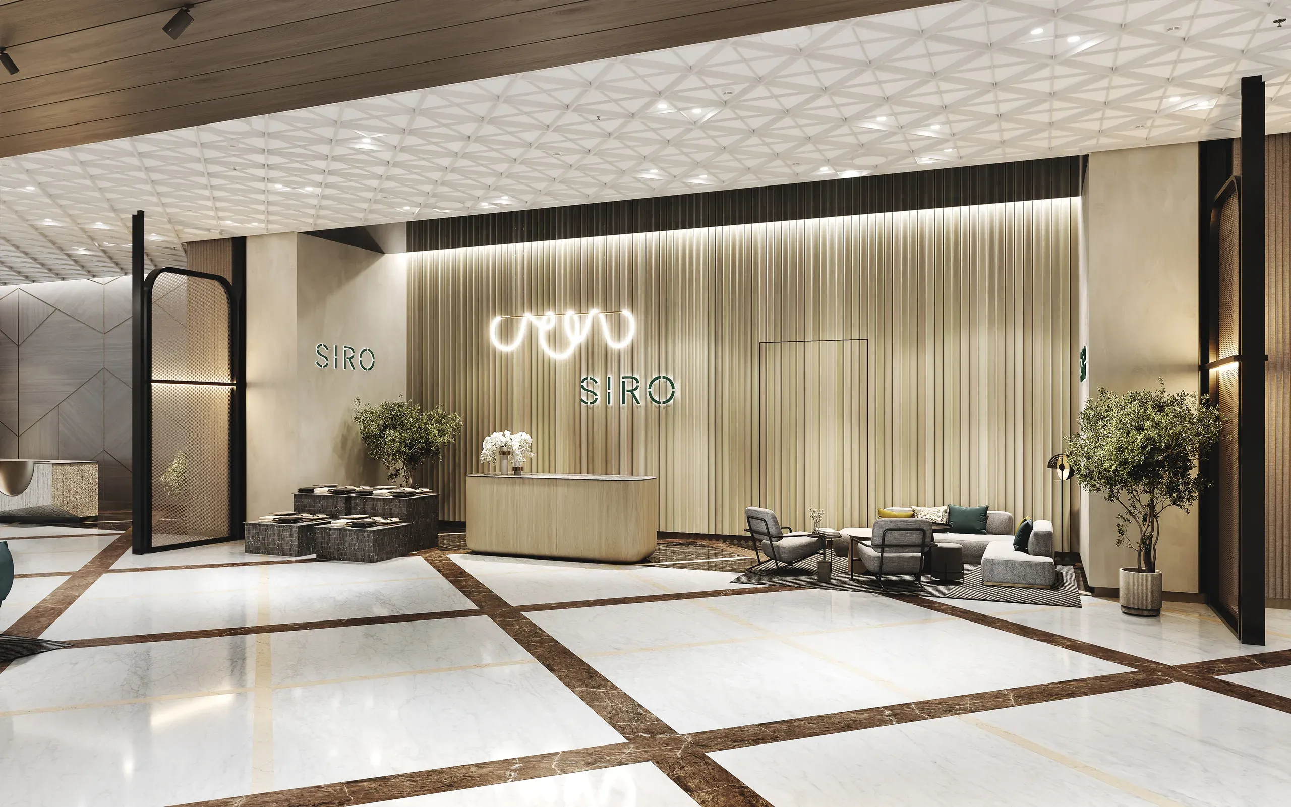 Modern luxury hotel lobby with white marble flooring, beige vertical wall paneling, neon signage reading "SIRO", contemporary furniture, and geometric ceiling design.