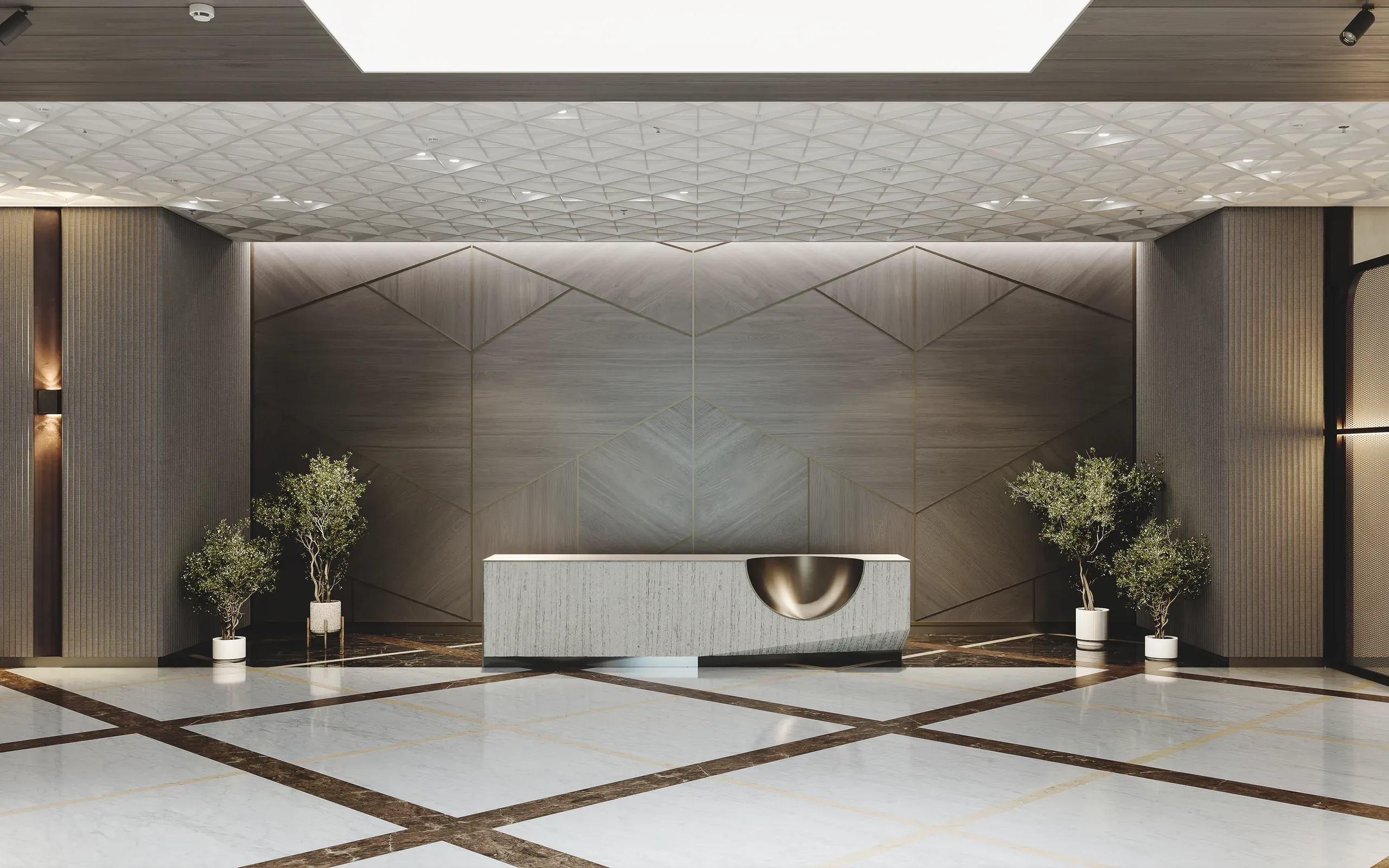 Modern luxury hotel lobby with marble flooring, geometric wood wall panels, central reception desk, potted plants, and geometric ceiling design.