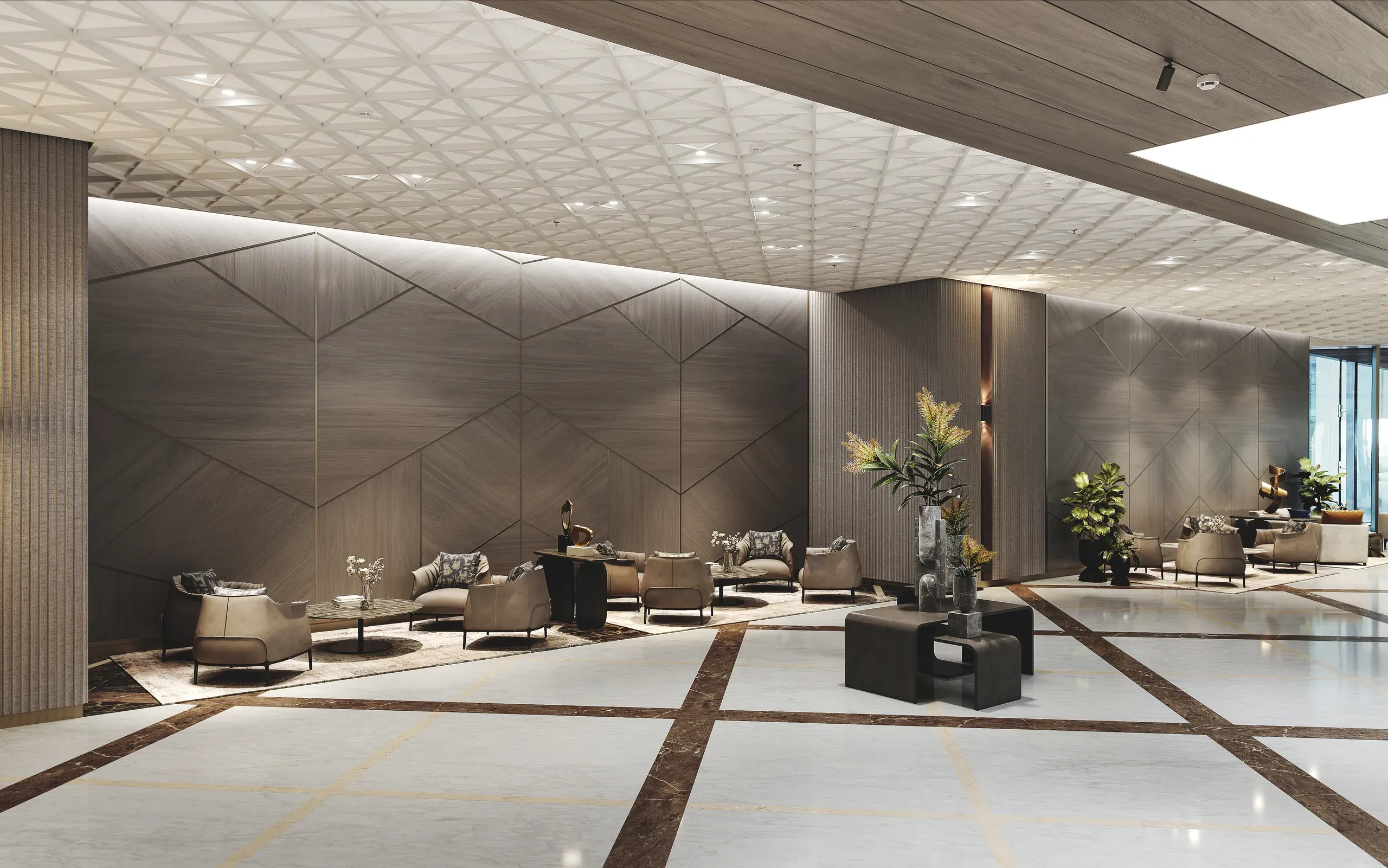 Modern luxury lobby with geometric wall panels, beige seating areas, marble flooring with dark inlays, potted plants, and geometric patterned ceiling with skylights.