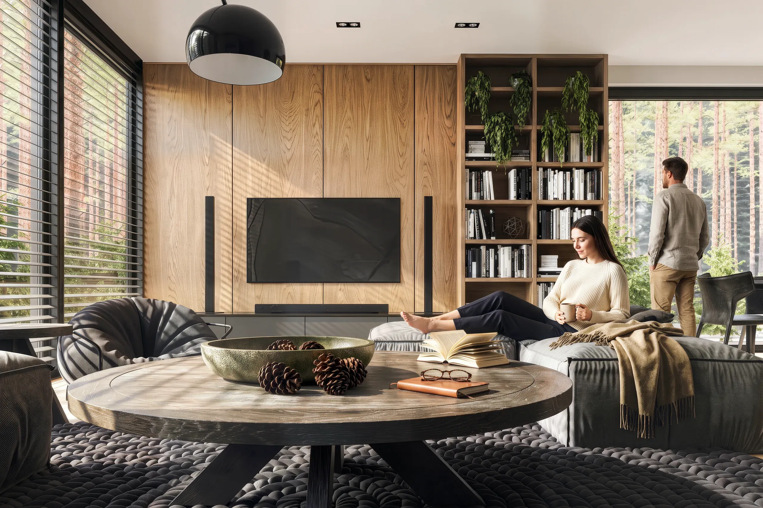 Modern living room with wooden TV wall, round coffee table, built-in bookshelf, and two people relaxing by large windows overlooking forest.