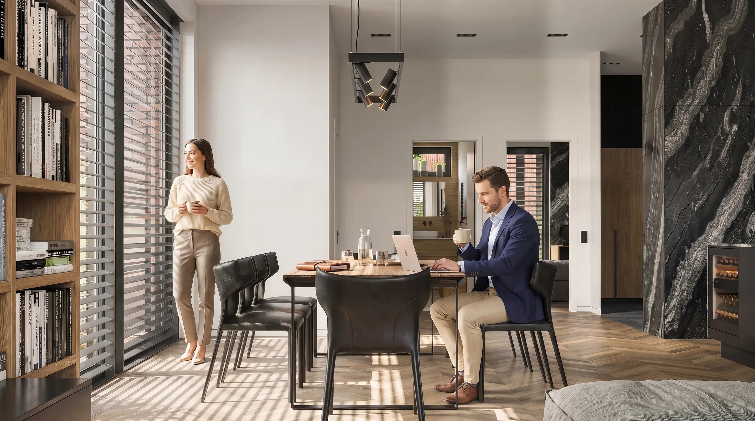 Modern office interior with two professionals collaborating at a round desk, featuring wooden bookshelves, floor-to-ceiling windows, and marble accent wall.